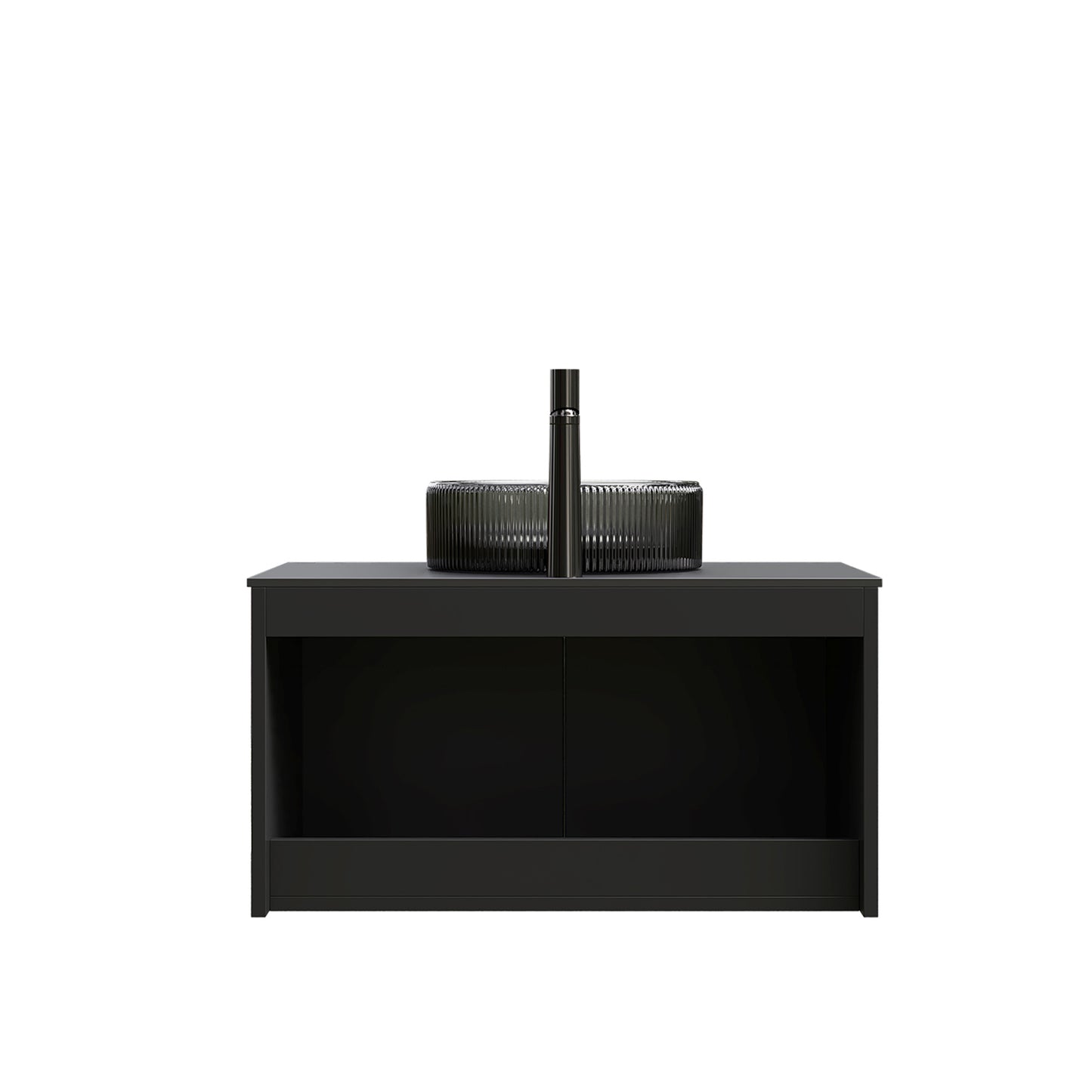 RUBEN 48" Bathroom Vanity with Sink, Wall-Mounted Floating Plywood Storage Cabinet, Black , Transparent Black Round Glass Basin