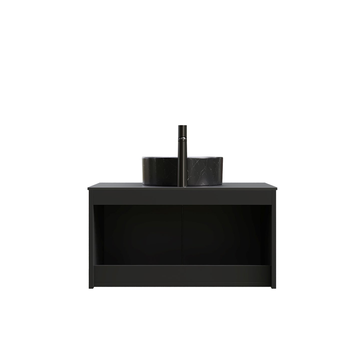RUBEN 30" Bathroom Vanity&Sink, Wall-Mounted Floating Plywood Storage Cabinet, Black, Black Round Ceramic Vessel Basin