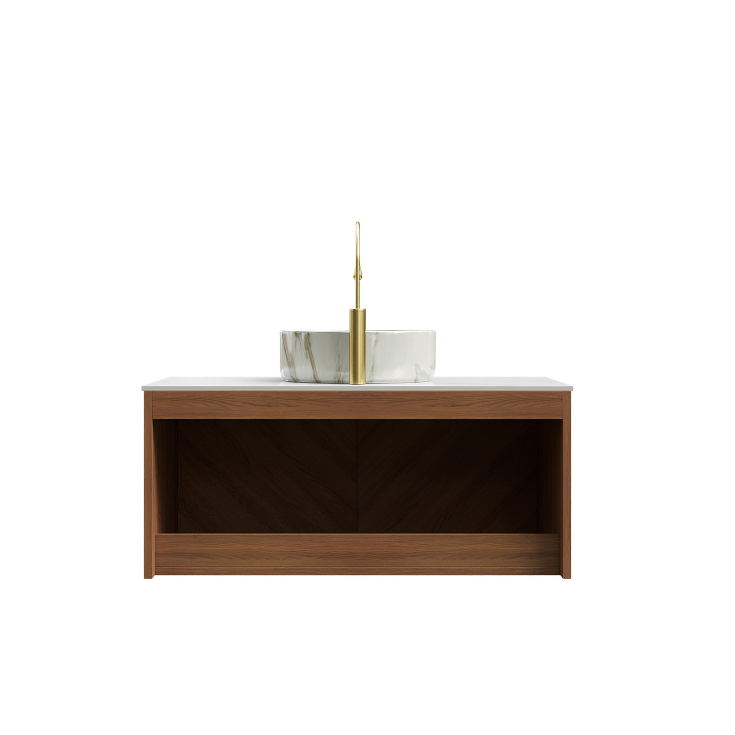 RUBEN 48" Bathroom Vanity&Sink, Floating Plywood Storage Cabinet,  Stone Pattern White Round Ceramic Vessel Basin