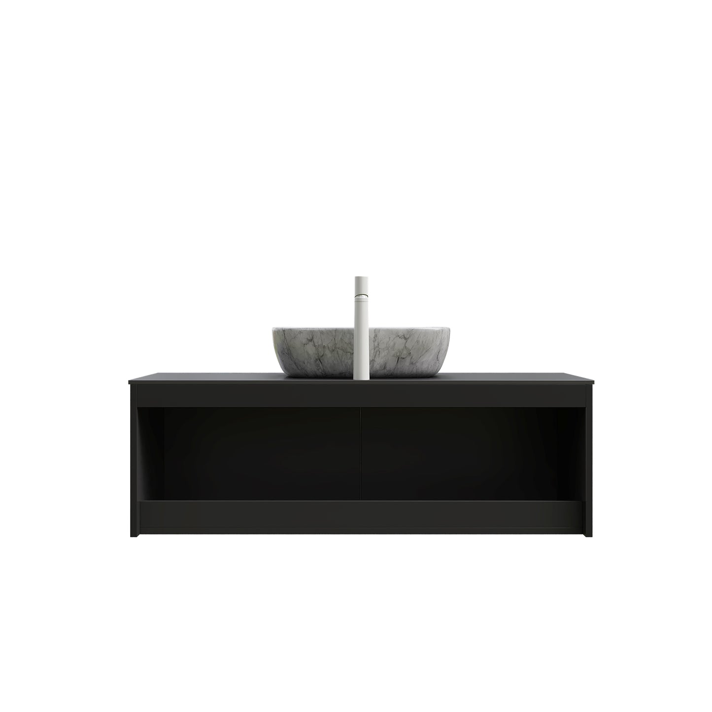 RUBEN 48" Bathroom Vanity&Sink, Wall-Mounted Floating Plywood Storage Cabinet,Black,Marble Pattern Rectangle Ceramic Vessel Basin