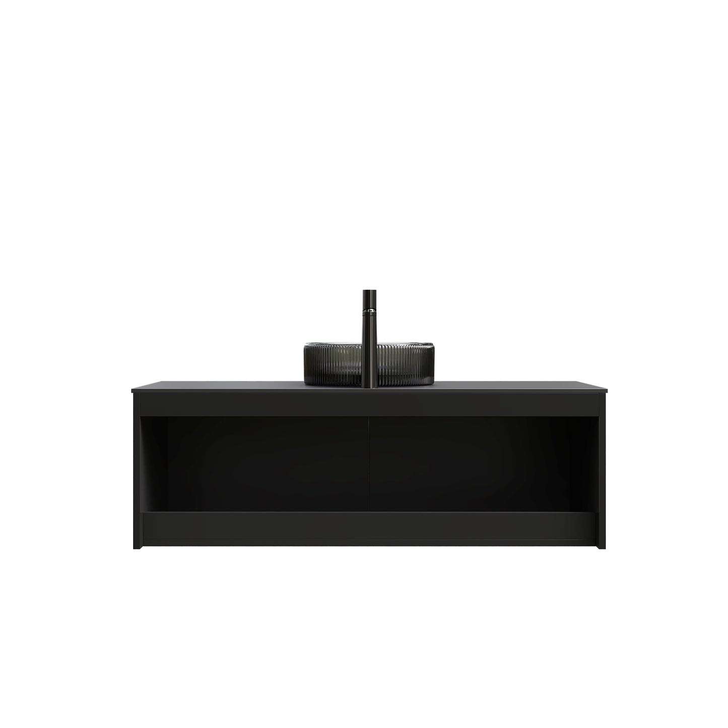 RUBEN 48" Bathroom Vanity with Sink, Wall-Mounted Floating Plywood Storage Cabinet, Black , Transparent Black Round Glass Basin