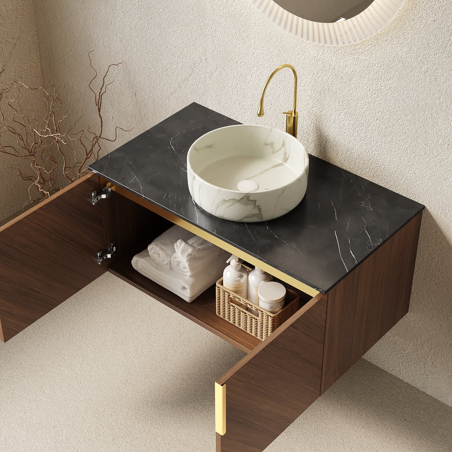 ARAI Bathroom Vanity&Sink,Brown Oak Woodgrain Color