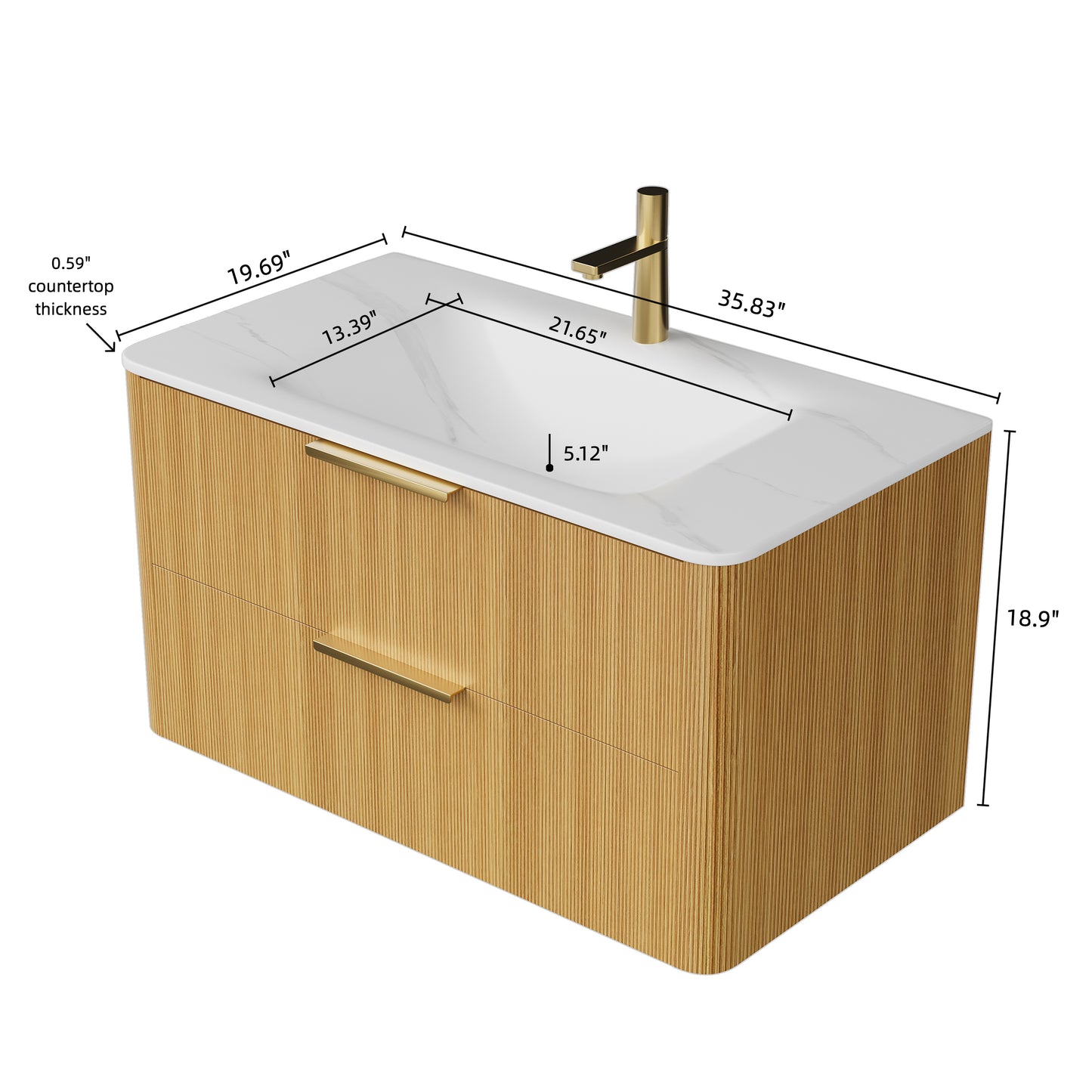 ZANE 36" Badezimmer-Waschtisch mit Waschbecken, schwebender Aufbewahrungsschrank aus Sperrholz mit ultra-Nadelstreifen und Schubladen, helle natürliche Holzmaserung