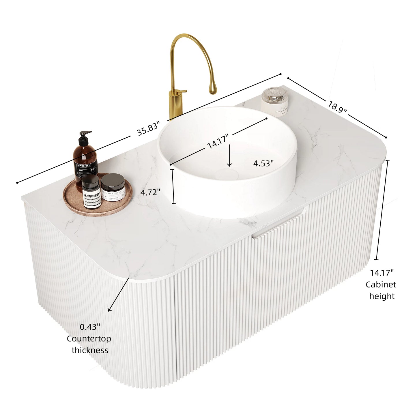 DINA 24" Bathroom Vanity&Sink, Floating Curved Edges Striped Plywood Storage Bathroom Cabinet with Drawer, White Round Ceramic Basin& Carrara White Sintered Stone Top, Pre-assembled, White (New SKU)