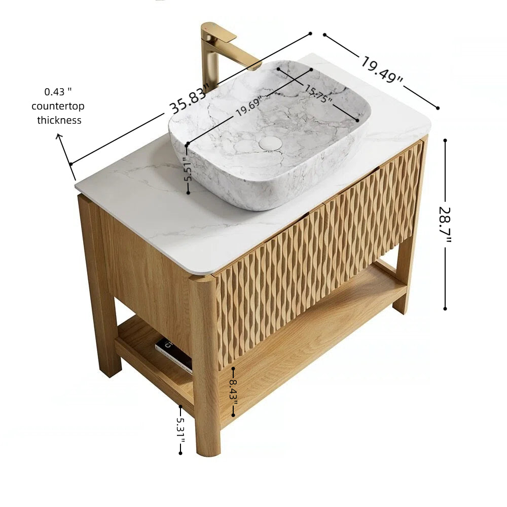 SHARMA 60" Bathroom Vanity&Sinks, Freestanding Plywood Storage Cabinet with 4 Bamboo Texture Doors&Open Shelf, 2 Marble Pattern Ceramic Basins&Carrara White Sintered Stone Top, Woodgrain Color