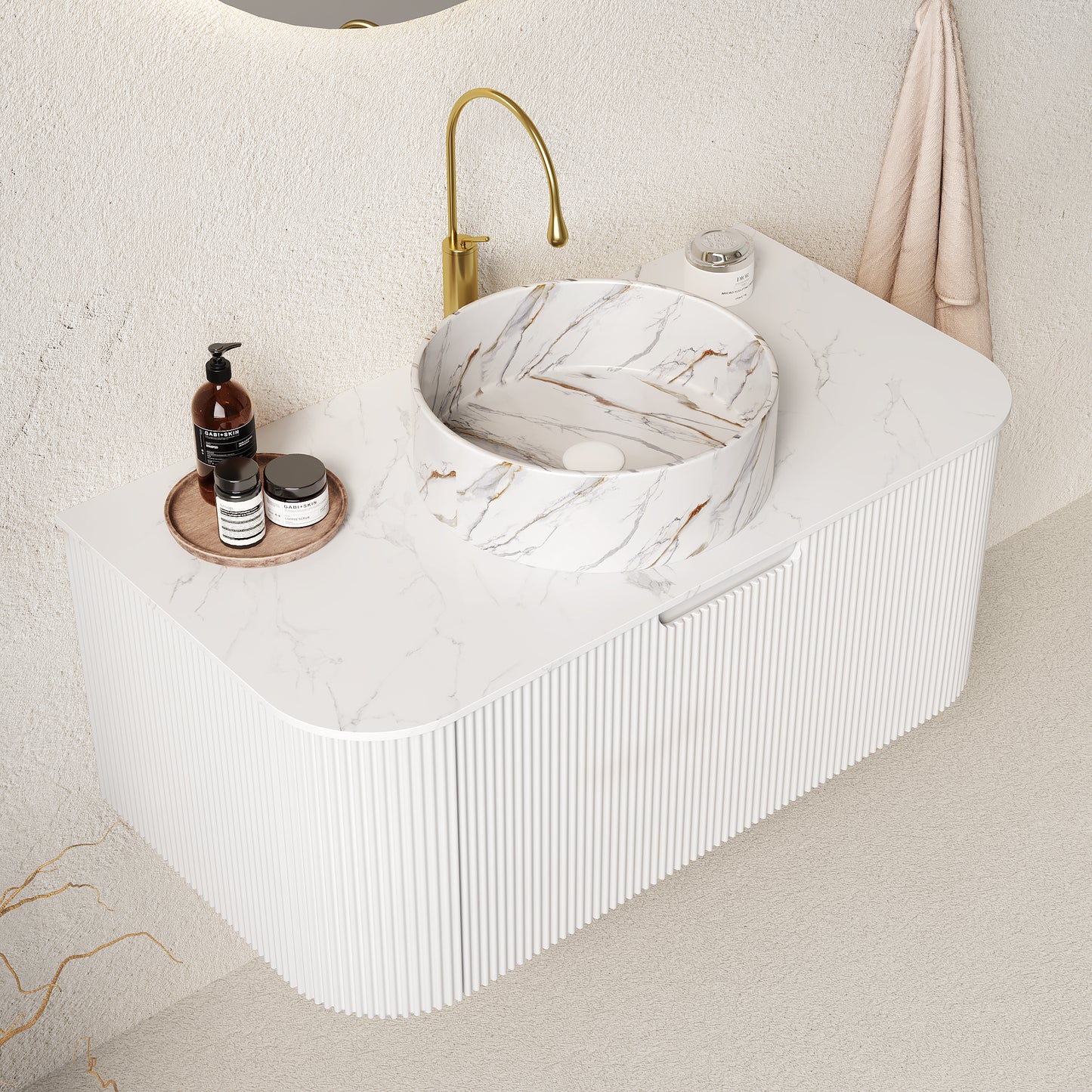 DINA Bathroom Vanity&Sink, Floating Curved Edges Striped Plywood Storage Bathroom Cabinet,White