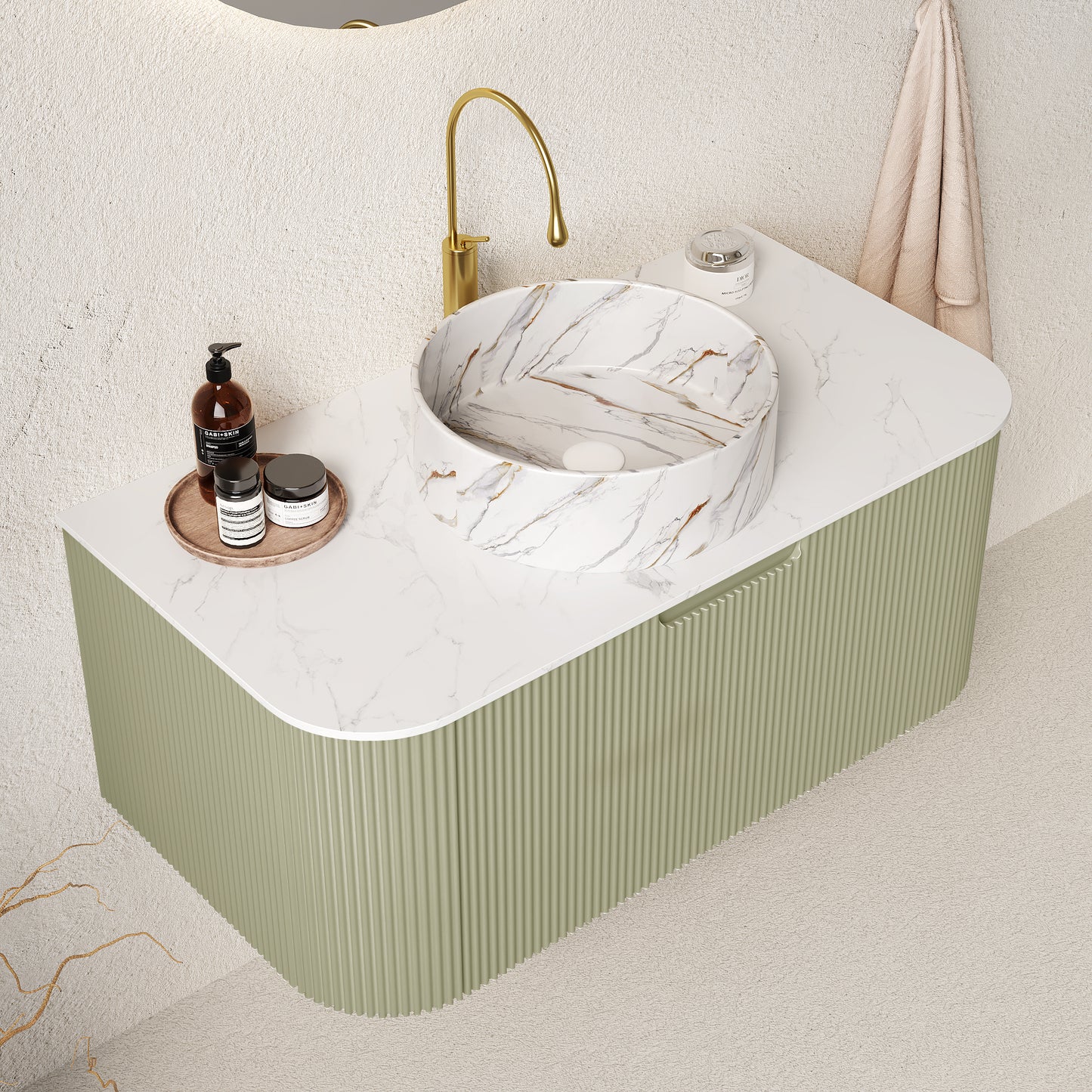DINA Badezimmer-Waschtisch mit Waschbecken, moderner, an der Wand montierter, schwebender, geschwungener Kanten, gestreifter Badezimmer-Aufbewahrungsschrank