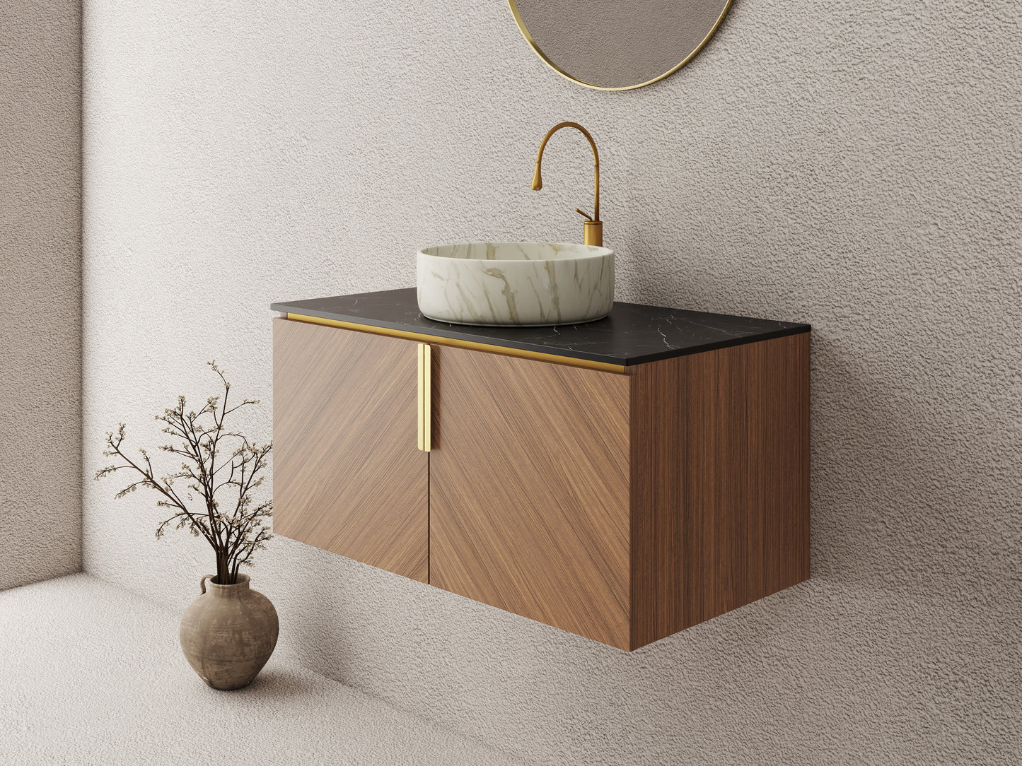 ARAI 36" Bathroom Vanity&Sink, Wall-Mounted Plywood Bathroom Storage Cabinet with Double Doors, Black Sintered Stone Countertop&White Round Ceramic Basin with Stone Pattern, Brown Oak Woodgrain Color