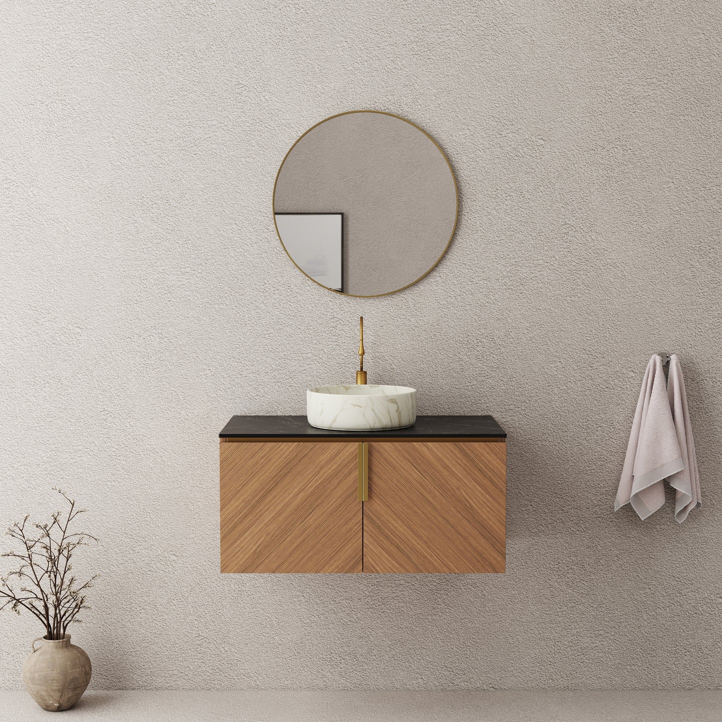 ARAI 36" Bathroom Vanity&Sink, Wall-Mounted Plywood Bathroom Storage Cabinet with Double Doors, Black Sintered Stone Countertop&White Round Ceramic Basin with Stone Pattern, Brown Oak Woodgrain Color