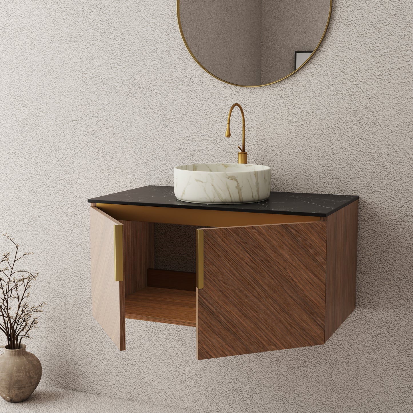ARAI 36" Bathroom Vanity&Sink, Wall-Mounted Plywood Bathroom Storage Cabinet with Double Doors, Black Sintered Stone Countertop&White Round Ceramic Basin with Stone Pattern, Brown Oak Woodgrain Color