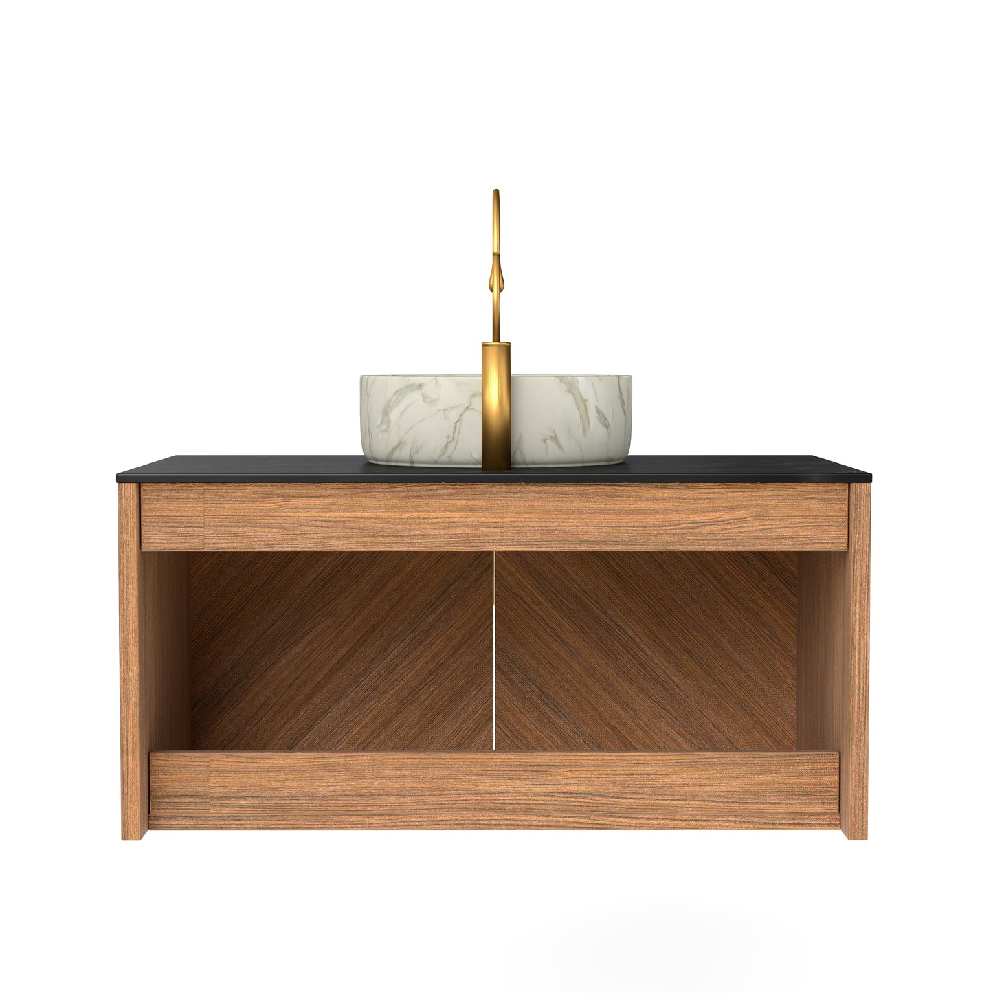 ARAI 36" Bathroom Vanity&Sink, Wall-Mounted Plywood Bathroom Storage Cabinet with Double Doors, Black Sintered Stone Countertop&White Round Ceramic Basin with Stone Pattern, Brown Oak Woodgrain Color