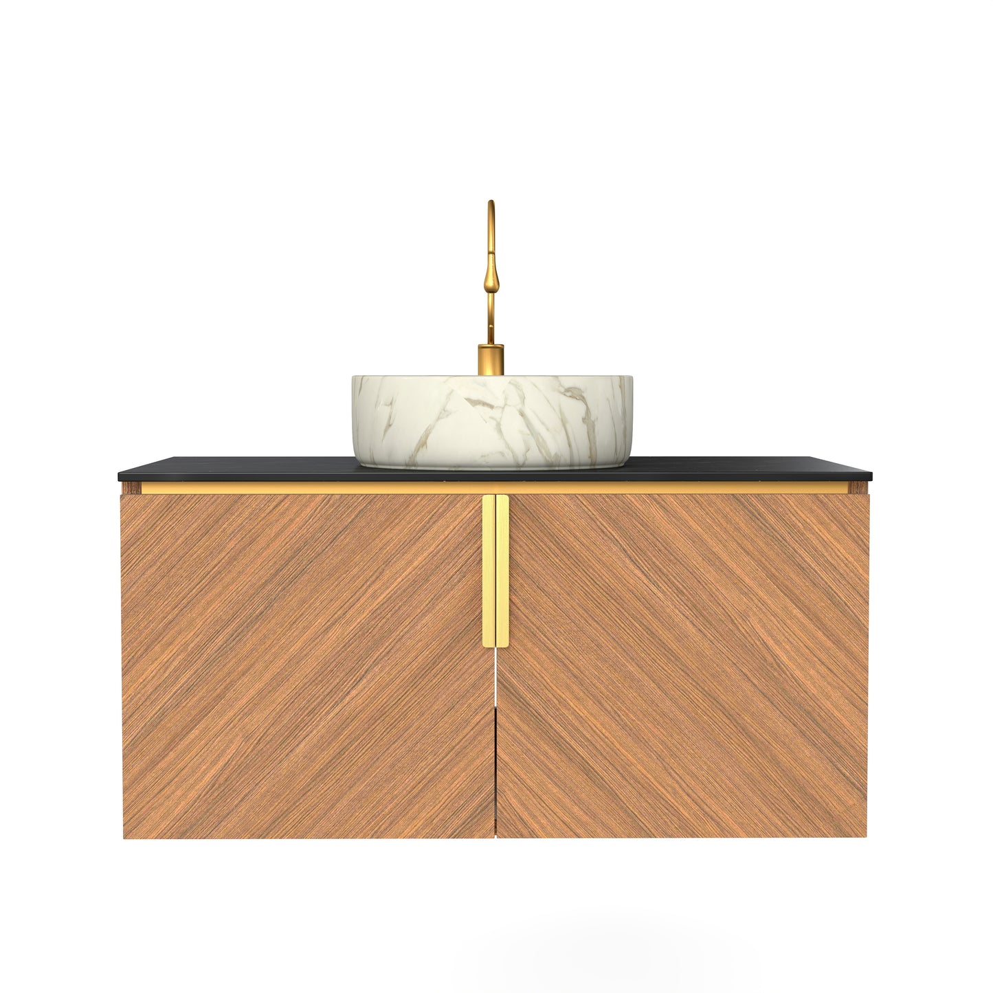 ARAI 36" Bathroom Vanity&Sink, Wall-Mounted Plywood Bathroom Storage Cabinet with Double Doors, Black Sintered Stone Countertop&White Round Ceramic Basin with Stone Pattern, Brown Oak Woodgrain Color