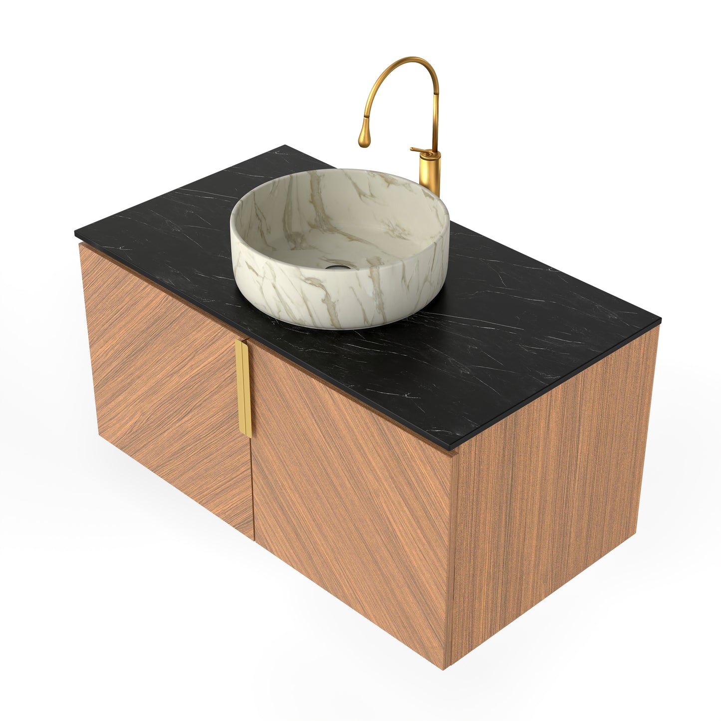 ARAI 36" Bathroom Vanity&Sink, Wall-Mounted Plywood Bathroom Storage Cabinet with Double Doors, Black Sintered Stone Countertop&White Round Ceramic Basin with Stone Pattern, Brown Oak Woodgrain Color