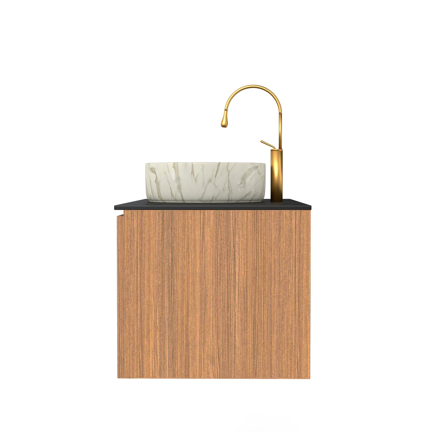 ARAI 36" Bathroom Vanity&Sink, Wall-Mounted Plywood Bathroom Storage Cabinet with Double Doors, Black Sintered Stone Countertop&White Round Ceramic Basin with Stone Pattern, Brown Oak Woodgrain Color