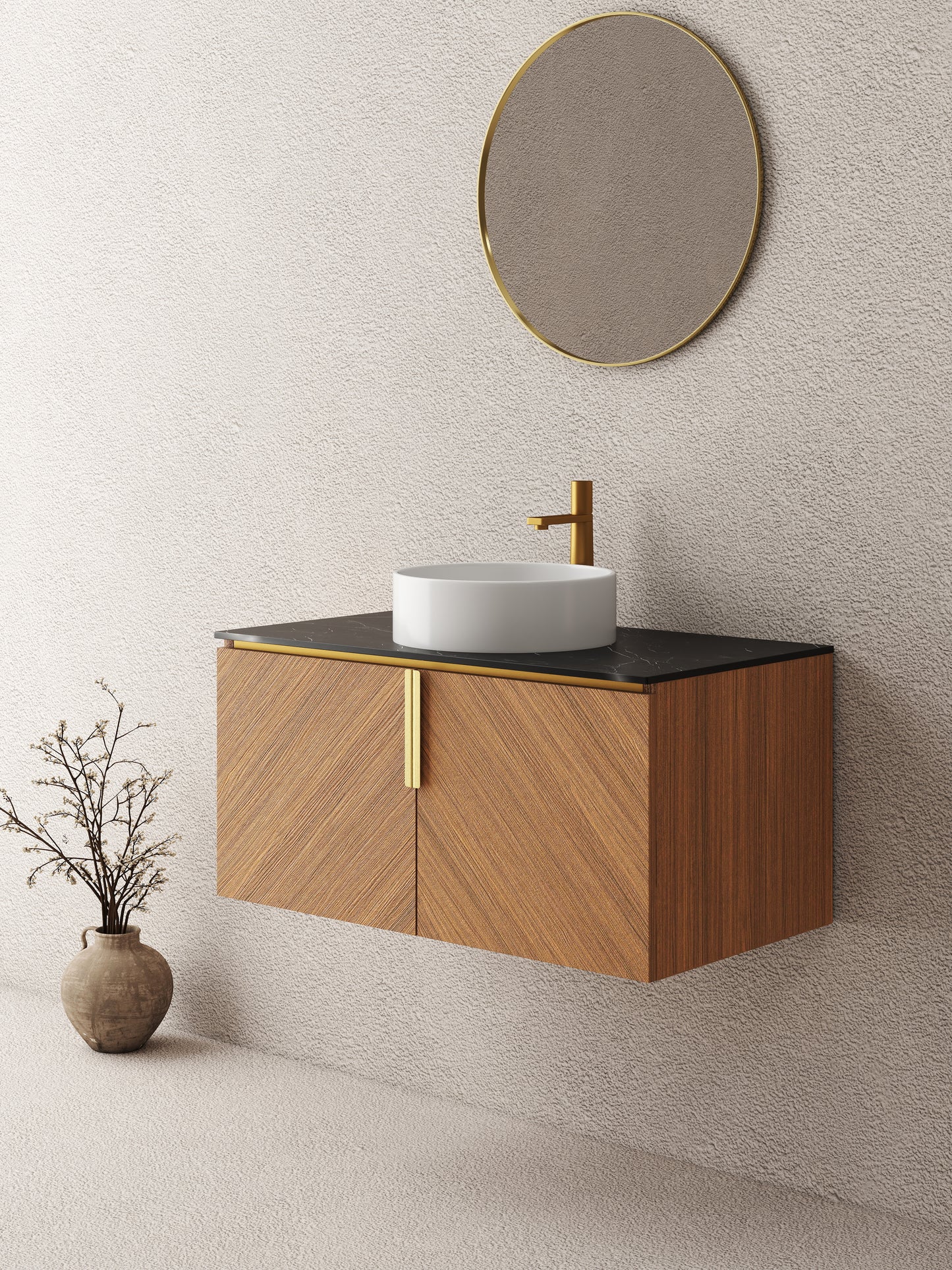 ARAI 36" Bathroom Vanity&Sink, Wall-Mounted Plywood Bathroom Storage Cabinet with Double Doors, Black Sintered Stone Countertop&White Round Ceramic Basin with Stone Pattern, Brown Oak Woodgrain Color