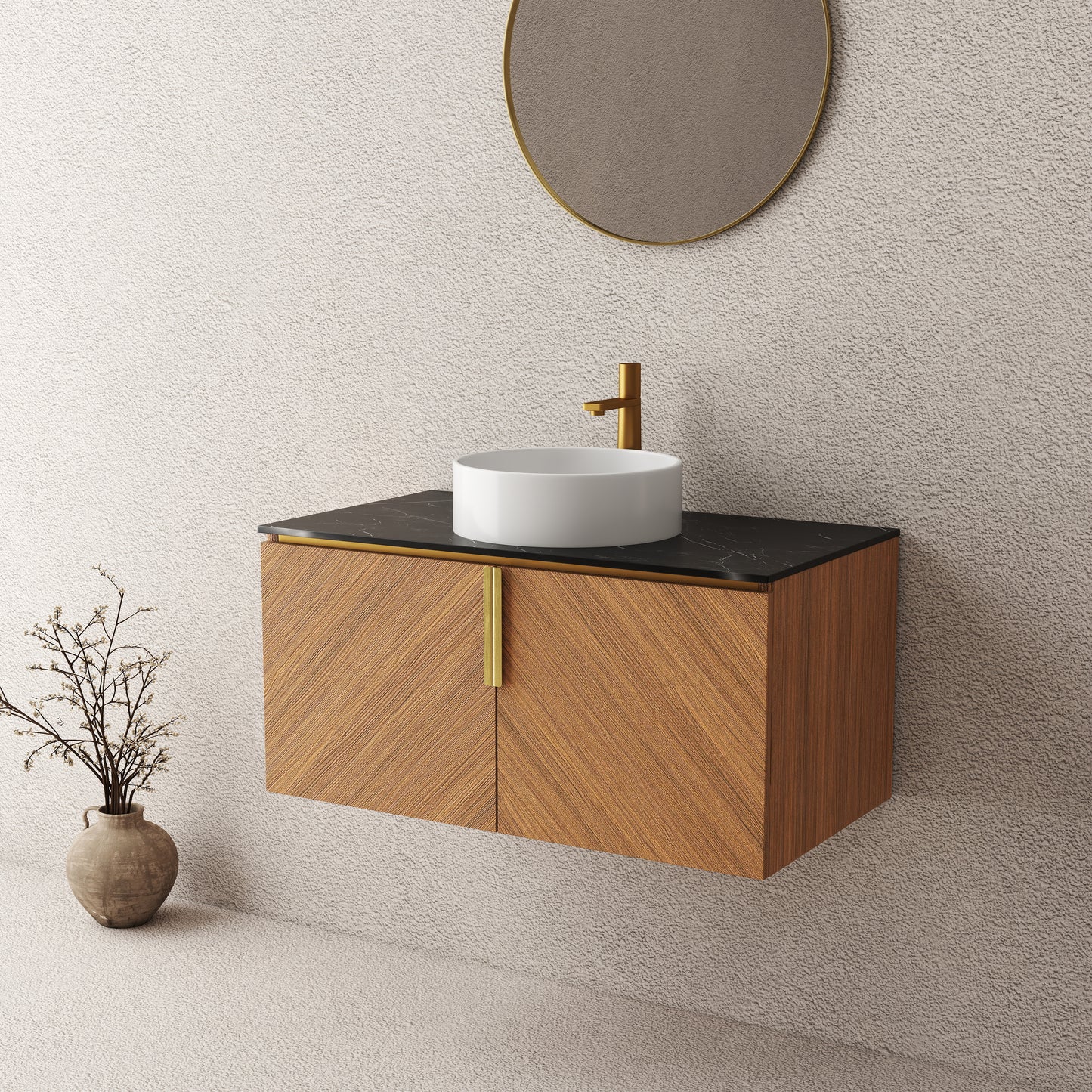 ARAI 36" Bathroom Vanity&Sink, Wall-Mounted Plywood Bathroom Storage Cabinet with Double Doors, Black Sintered Stone Countertop&White Round Ceramic Basin with Stone Pattern, Brown Oak Woodgrain Color