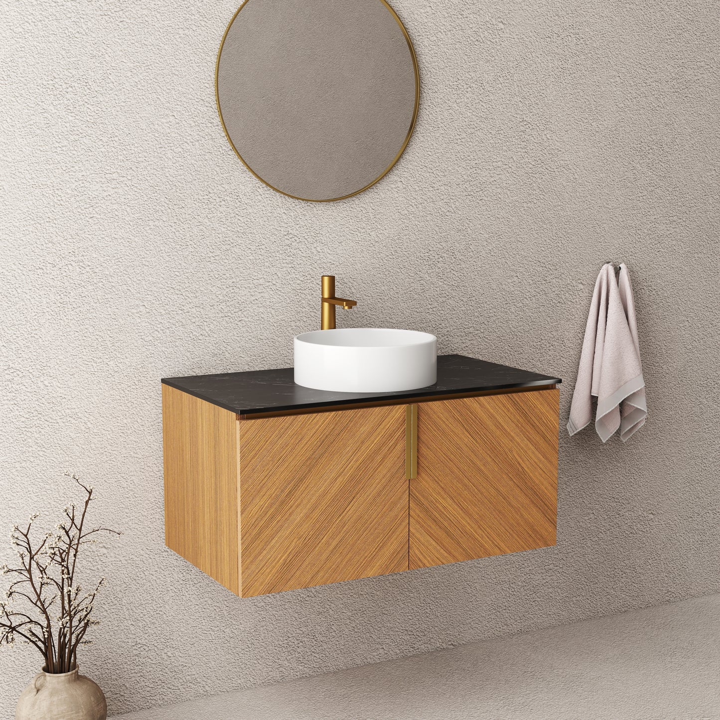 ARAI 36" Bathroom Vanity&Sink, Wall-Mounted Plywood Bathroom Storage Cabinet with Double Doors, Black Sintered Stone Countertop&White Round Ceramic Basin with Stone Pattern, Brown Oak Woodgrain Color