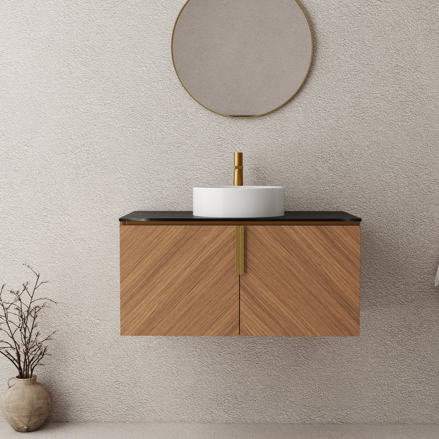 ARAI 36" Bathroom Vanity&Sink, Wall-Mounted Plywood Bathroom Storage Cabinet with Double Doors, Black Sintered Stone Countertop&White Round Ceramic Basin with Stone Pattern, Brown Oak Woodgrain Color