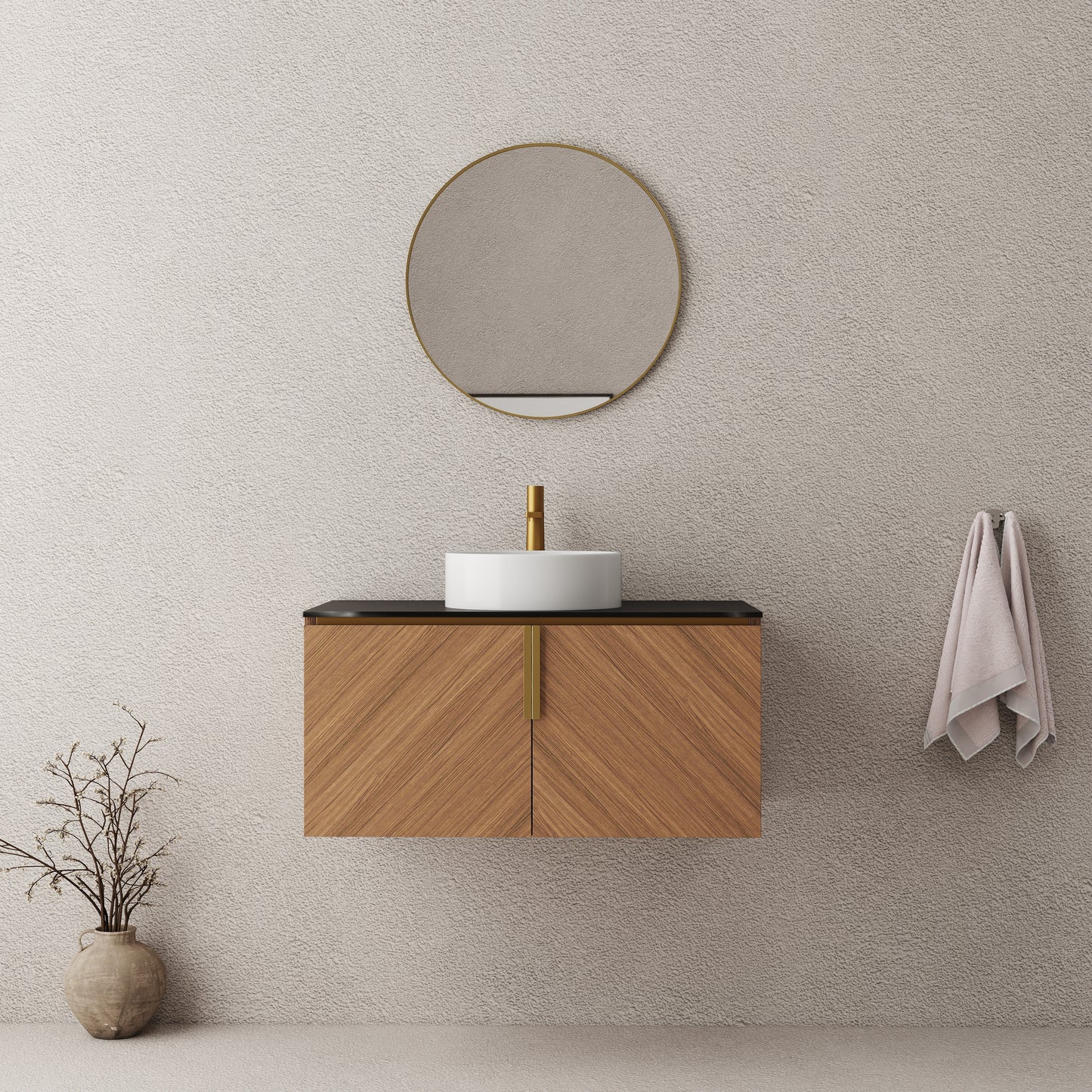 ARAI 36" Bathroom Vanity&Sink, Wall-Mounted Plywood Bathroom Storage Cabinet with Double Doors, Black Sintered Stone Countertop&White Round Ceramic Basin with Stone Pattern, Brown Oak Woodgrain Color