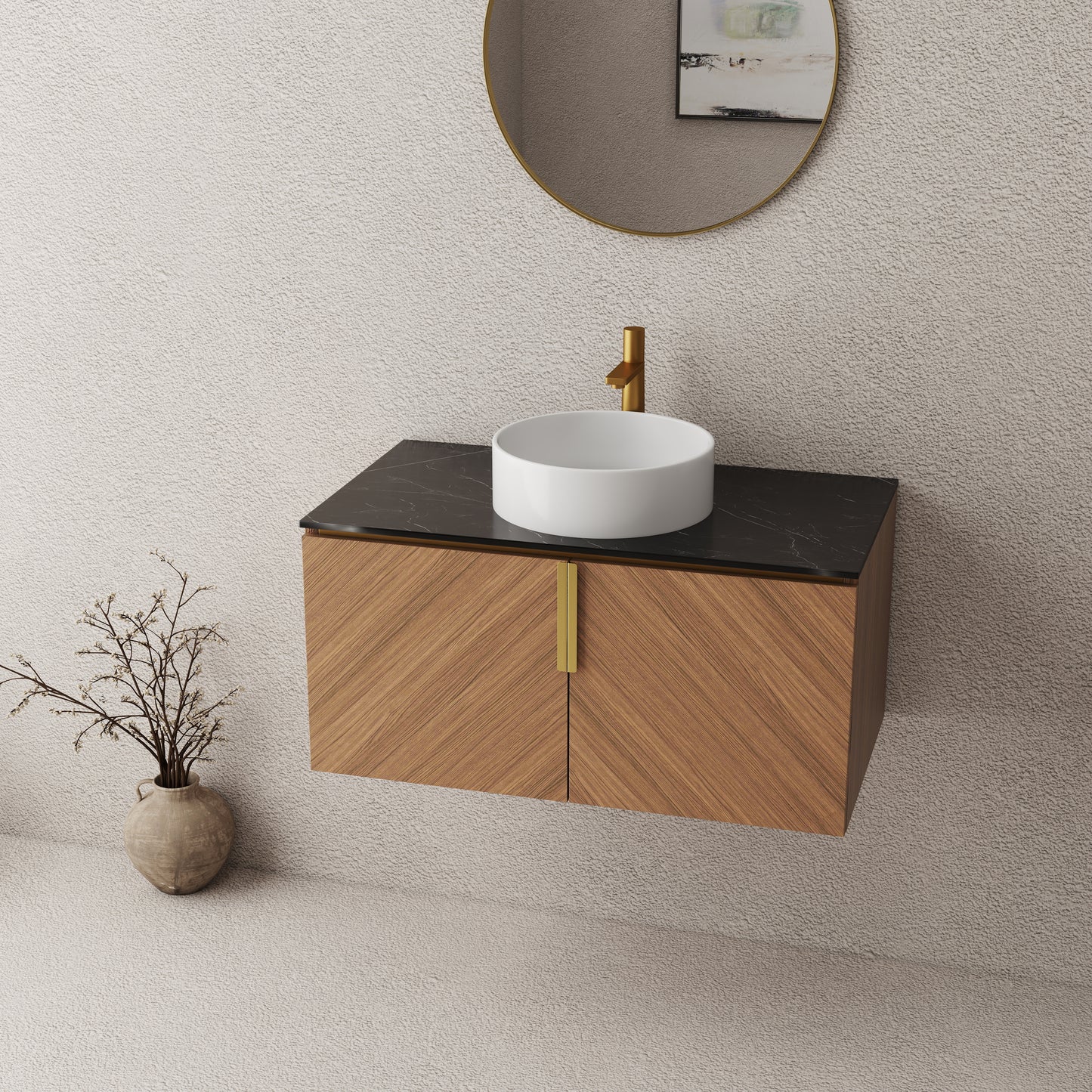 ARAI 36" Bathroom Vanity&Sink, Wall-Mounted Plywood Bathroom Storage Cabinet with Double Doors, Black Sintered Stone Countertop&White Round Ceramic Basin with Stone Pattern, Brown Oak Woodgrain Color