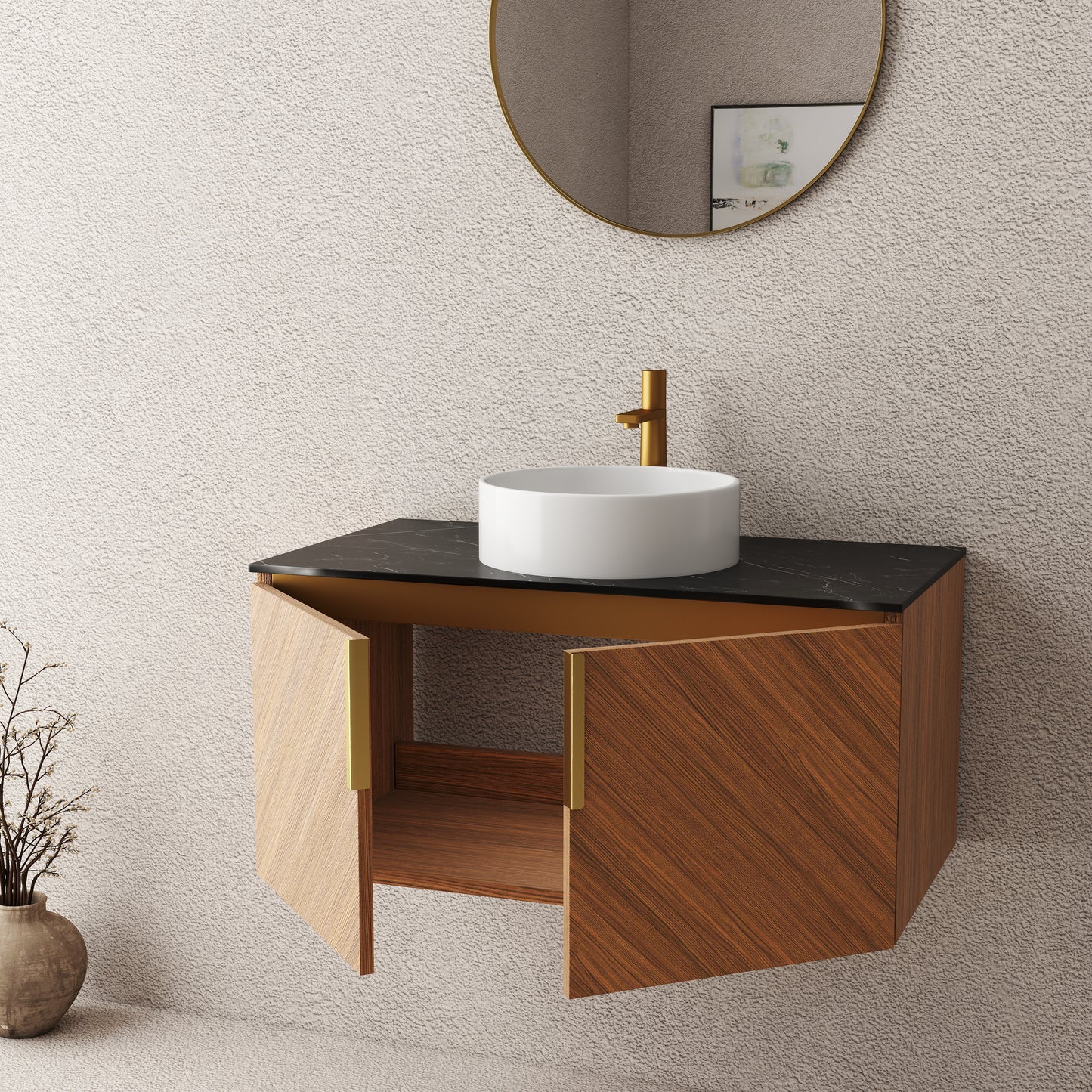 ARAI 36" Bathroom Vanity&Sink, Wall-Mounted Plywood Bathroom Storage Cabinet with Double Doors, Black Sintered Stone Countertop&White Round Ceramic Basin with Stone Pattern, Brown Oak Woodgrain Color