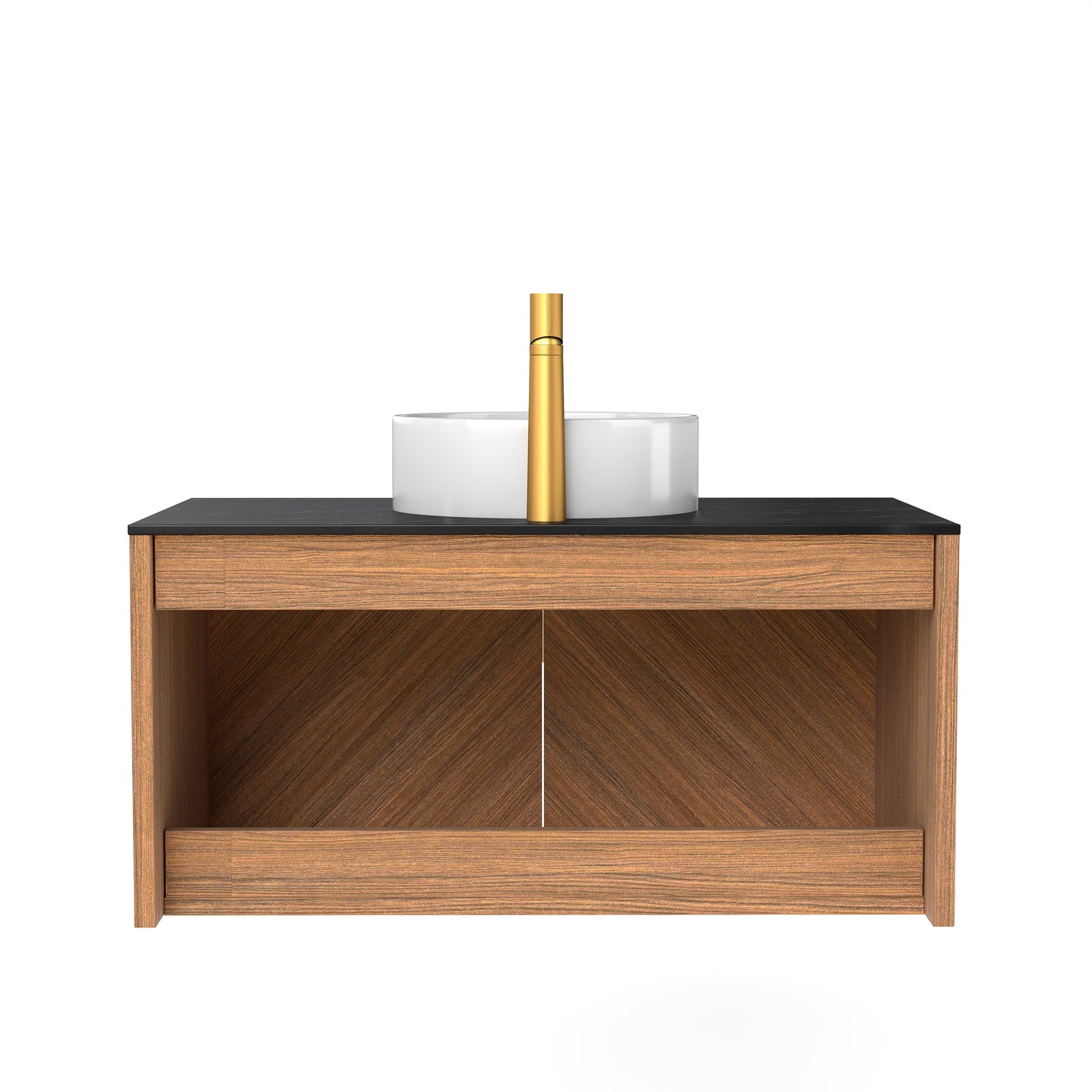 ARAI 36" Bathroom Vanity&Sink, Wall-Mounted Plywood Bathroom Storage Cabinet with Double Doors, Black Sintered Stone Countertop&White Round Ceramic Basin with Stone Pattern, Brown Oak Woodgrain Color