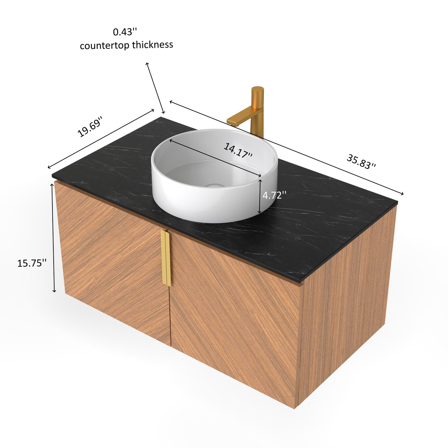ARAI 36" Bathroom Vanity&Sink, Wall-Mounted Plywood Bathroom Storage Cabinet with Double Doors, Black Sintered Stone Countertop&White Round Ceramic Basin with Stone Pattern, Brown Oak Woodgrain Color