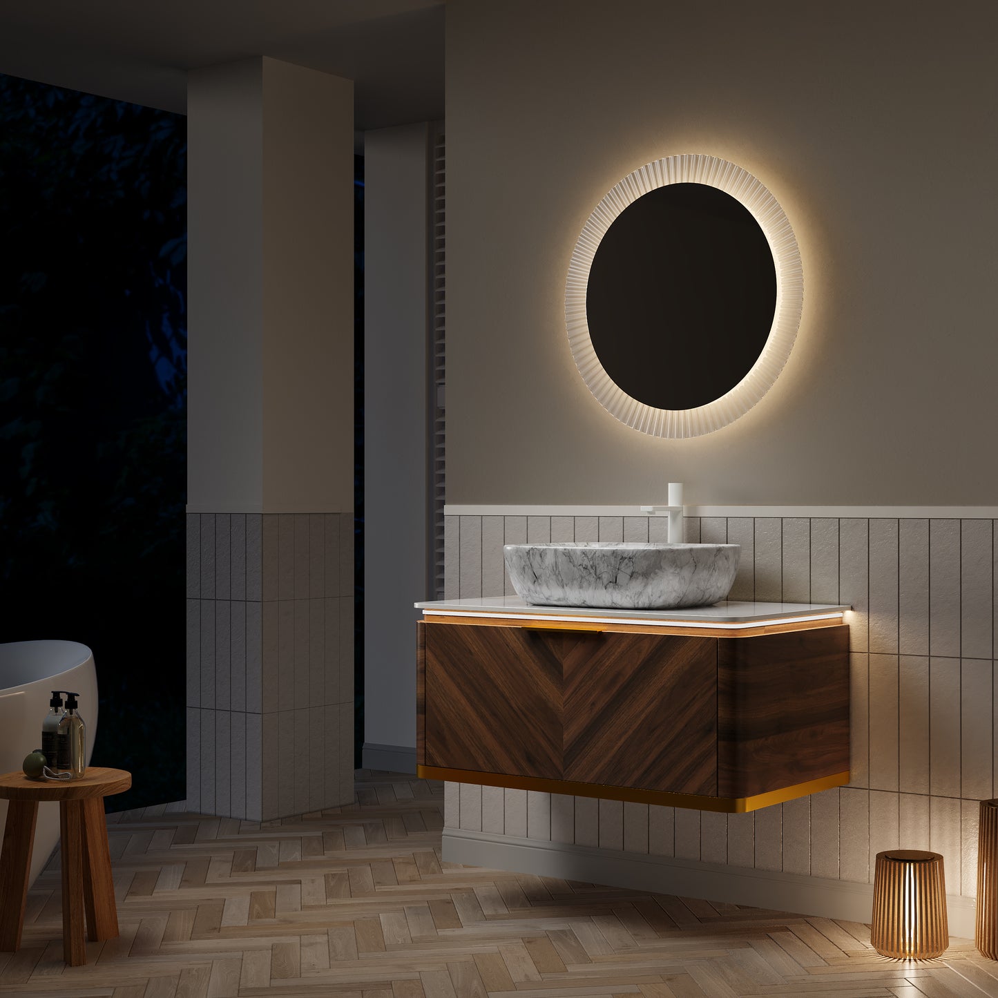 DIPA 60" Badezimmer-Waschtisch und Waschbecken, schwebender Sperrholz-Aufbewahrungsschrank, dunkle Walnussholzmaserung, gesinterte Steinplatte