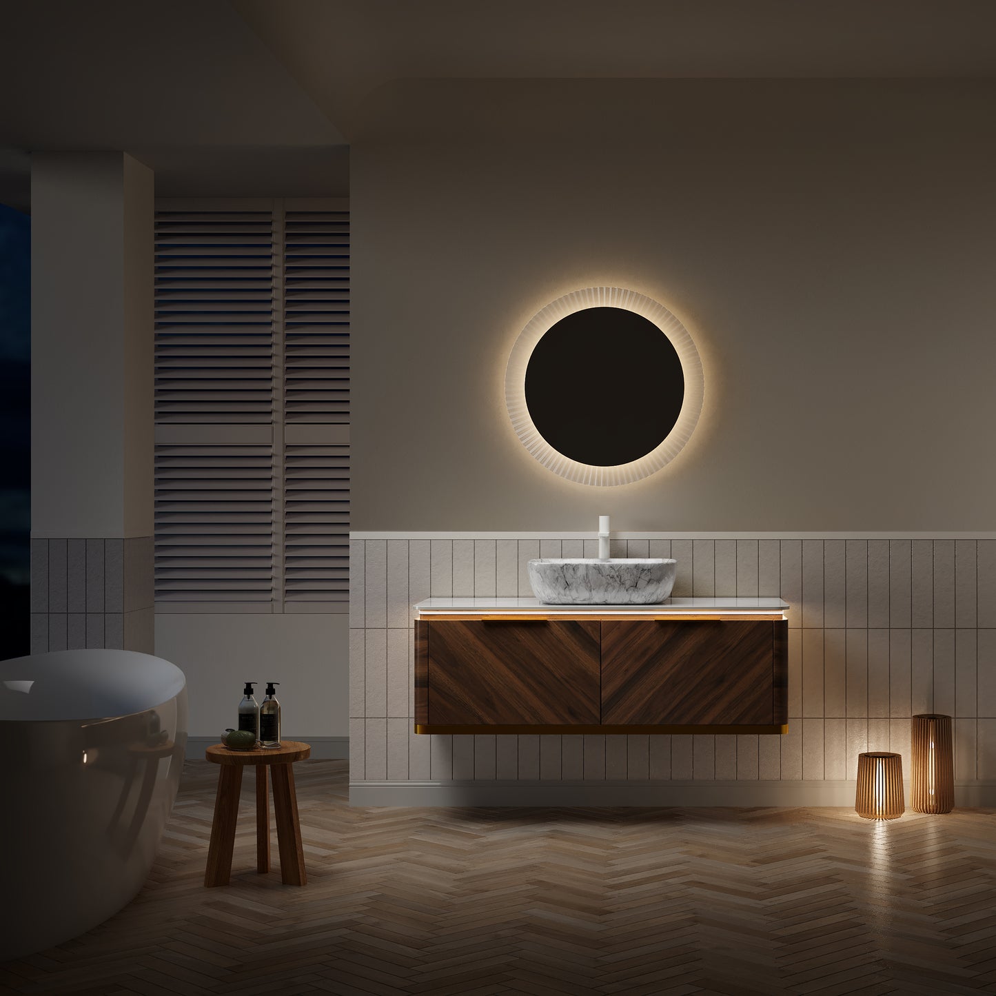 DIPA 60" Badezimmer-Waschtisch und Waschbecken, schwebender Sperrholz-Aufbewahrungsschrank, dunkle Walnussholzmaserung, gesinterte Steinplatte