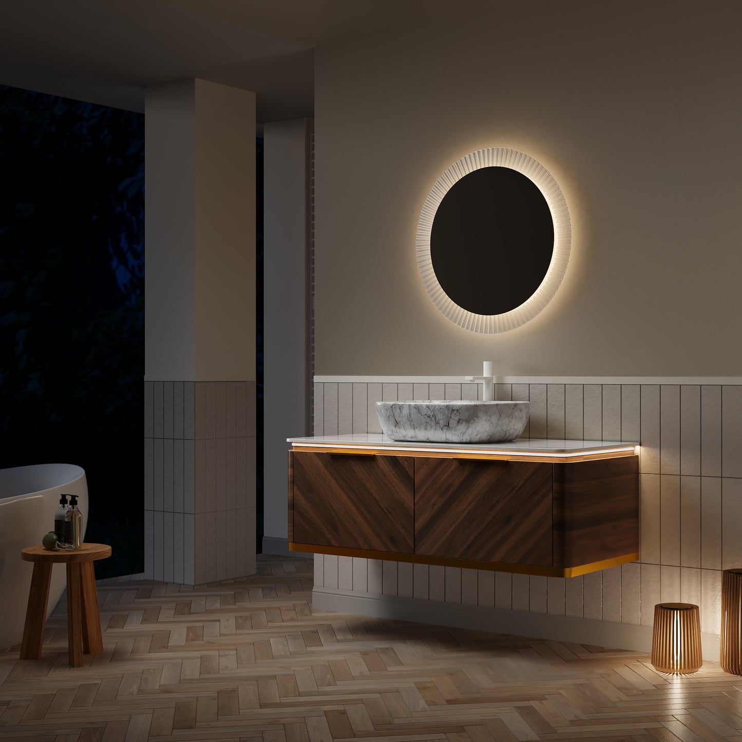 DIPA 60" Badezimmer-Waschtisch und Waschbecken, schwebender Sperrholz-Aufbewahrungsschrank, dunkle Walnussholzmaserung, gesinterte Steinplatte