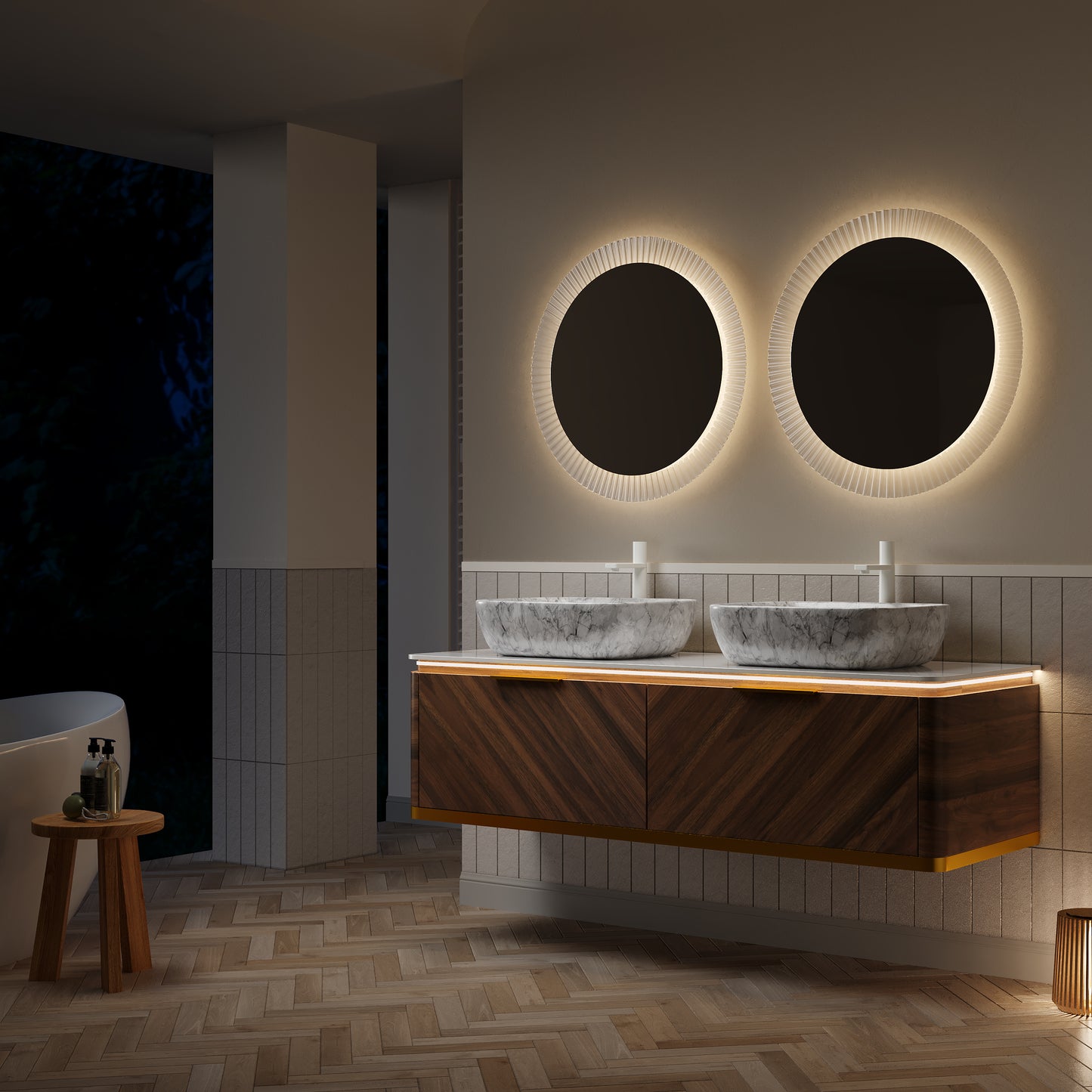 DIPA 60" Badezimmer-Waschtisch und Waschbecken, schwebender Sperrholz-Aufbewahrungsschrank, dunkle Walnussholzmaserung, gesinterte Steinplatte