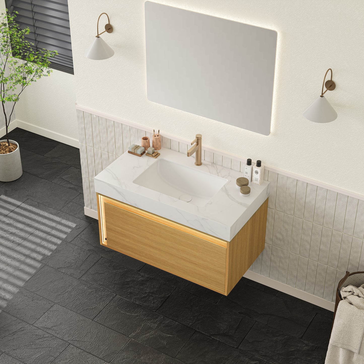 NYAH 60'' Bathroom Vanity&Sinks, Floating Ultra-Slim Grille Plywood Storage Cabinet, Carrara White