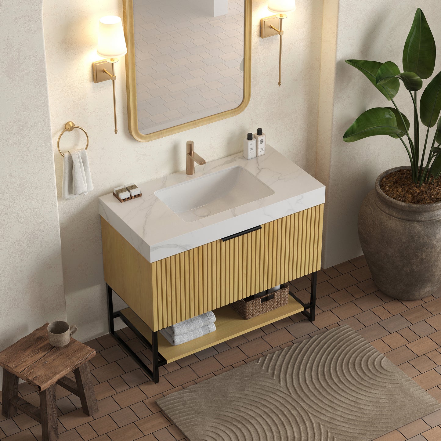 YOLAN 36" Badezimmer-Waschtisch und Waschbecken, freistehender gestreifter Sperrholz-Aufbewahrungsschrank mit Schublade und offenem Regal, Carrara-Weiß, Corolla-Eiche 