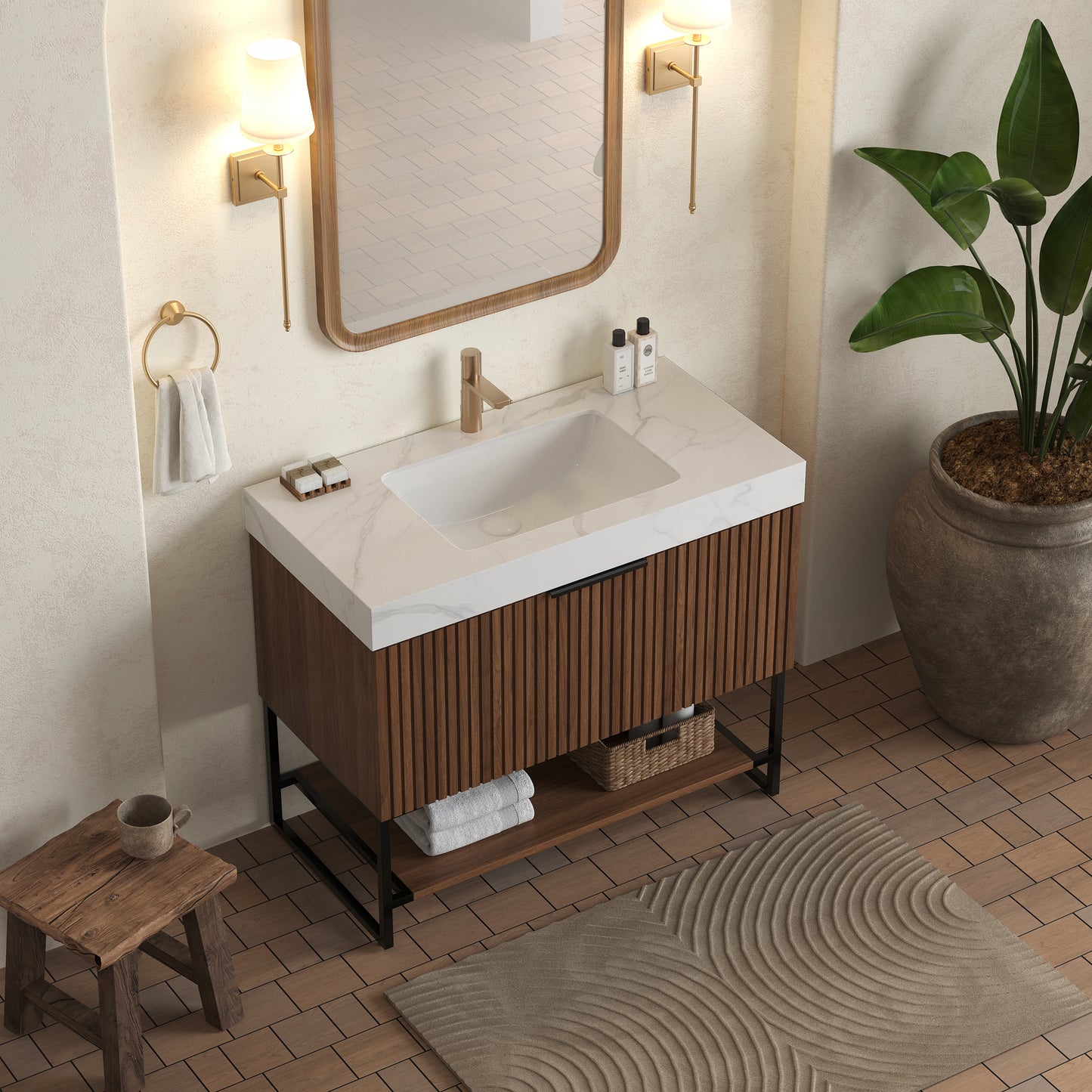 YOLAN 36" Badezimmer-Waschtisch und Waschbecken, freistehender gestreifter Sperrholz-Aufbewahrungsschrank mit Schublade und offenem Regal, Carrara-Weiß,