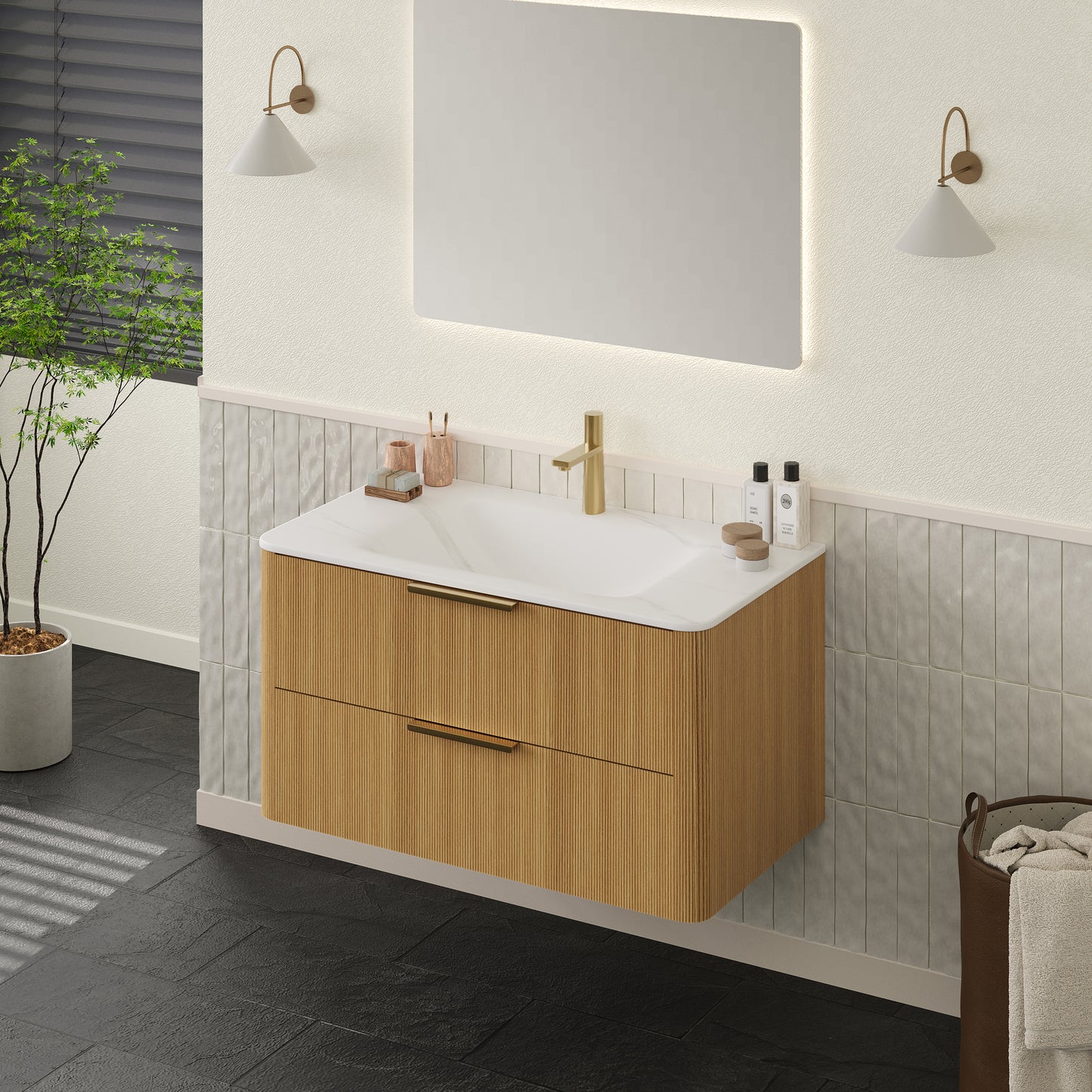 ZANE 36" Badezimmer-Waschtisch mit Waschbecken, schwebender Aufbewahrungsschrank aus Sperrholz mit ultra-Nadelstreifen und Schubladen, helle natürliche Holzmaserung