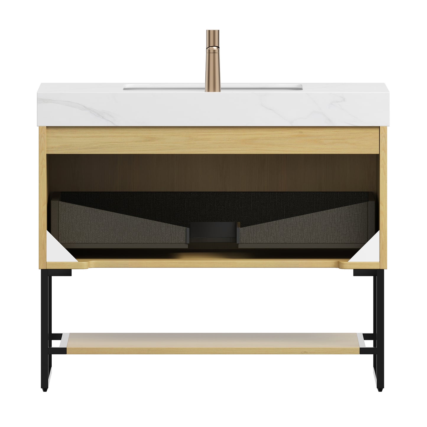 YOLAN 36" Badezimmer-Waschtisch und Waschbecken, freistehender gestreifter Sperrholz-Aufbewahrungsschrank mit Schublade und offenem Regal, Carrara-Weiß, Corolla-Eiche 