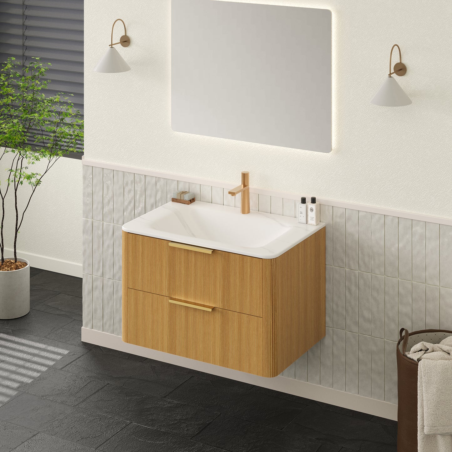 ZANE 36" Badezimmer-Waschtisch mit Waschbecken, schwebender Aufbewahrungsschrank aus Sperrholz mit ultra-Nadelstreifen und Schubladen, helle natürliche Holzmaserung