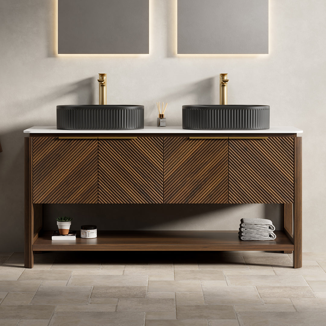 INDIGO 36" Bathroom Vanity&Sink, Freestanding Plywood Storage Cabinet with 2 Diagonal Striped Doors&Open Shelf, Black Striped Oval Ceramic Basin&Carrara White Sintered Stone Top, Dark Walnut Woodgrain