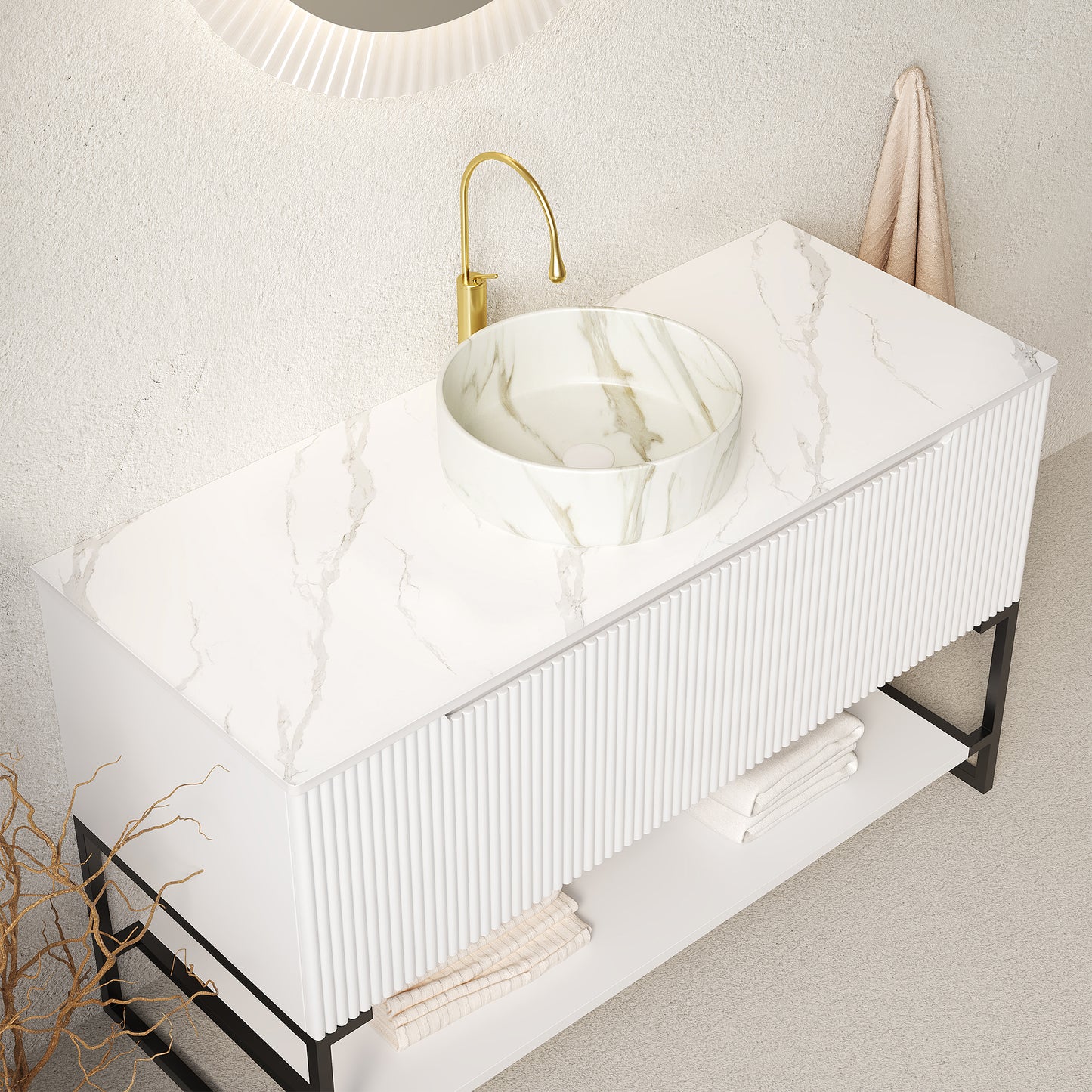 TULIO 48'' Bathroom Vanity&Sink, Freestanding Storage Cabinet with 3 Doors&Open Shelf