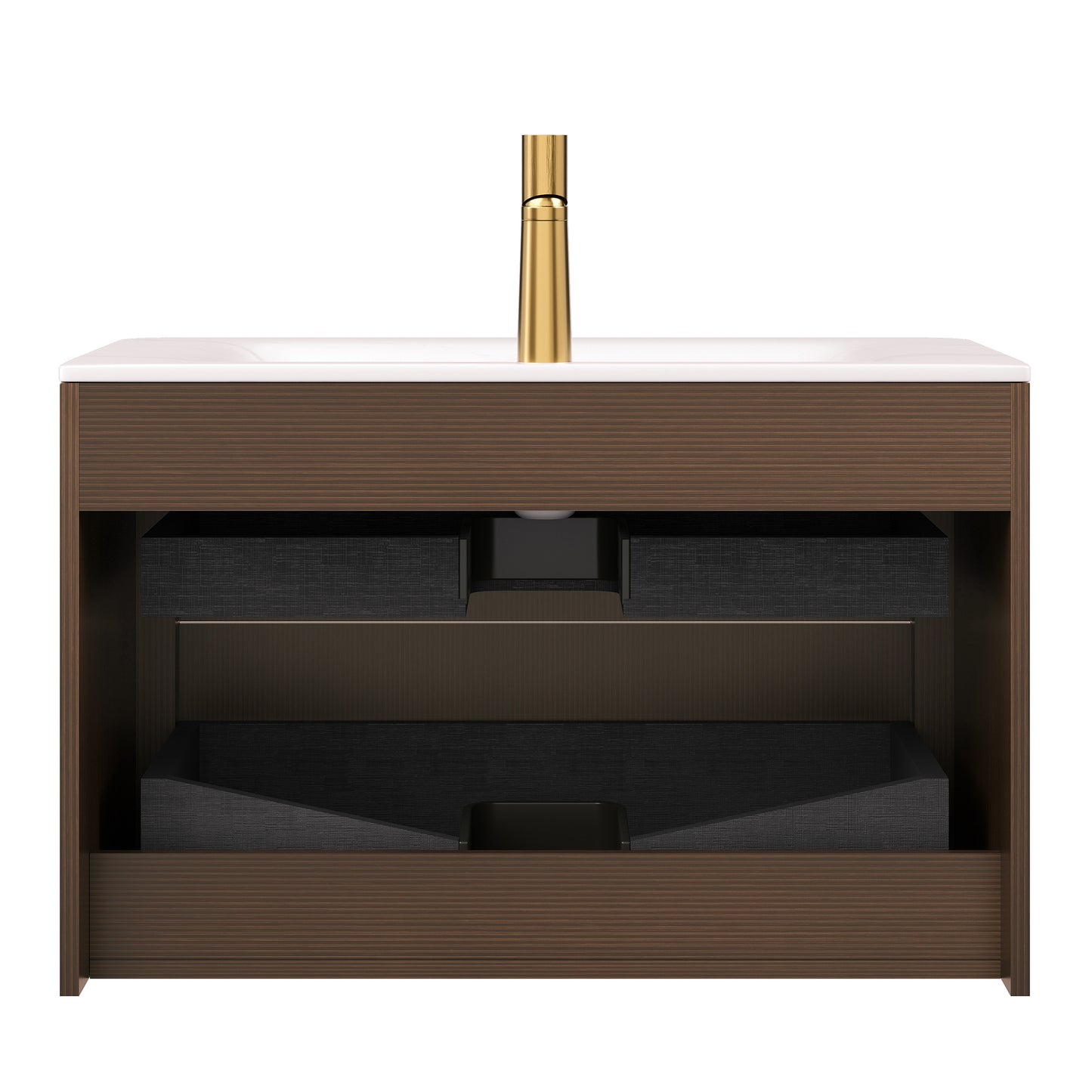 ZANE 30 Badezimmer-Waschtisch mit Waschbecken, schwebender Aufbewahrungsschrank aus Sperrholz mit ultra-Nadelstreifen und Schubladen, italienische Walnussholzmaserung