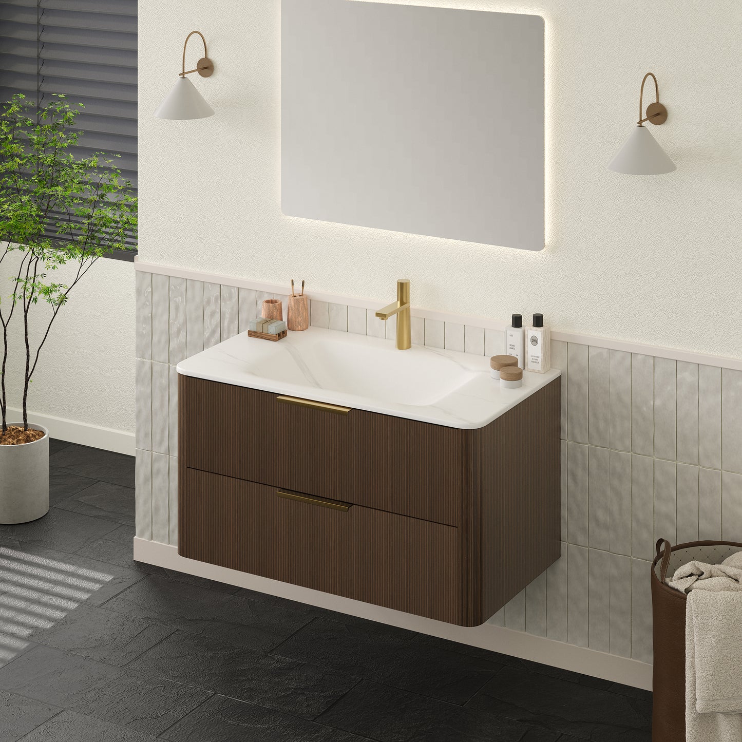 ZANE 30 Badezimmer-Waschtisch mit Waschbecken, schwebender Aufbewahrungsschrank aus Sperrholz mit ultra-Nadelstreifen und Schubladen, italienische Walnussholzmaserung