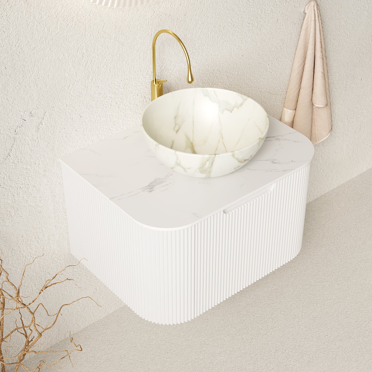 DINA 24" Bathroom Vanity&Sink, Floating Curved Edges Striped Storage Cabinet with Drawer, Matte Stone White Bowl Ceramic Basin&Carrara White Sintered Stone Top, Pre-assembled, White Color