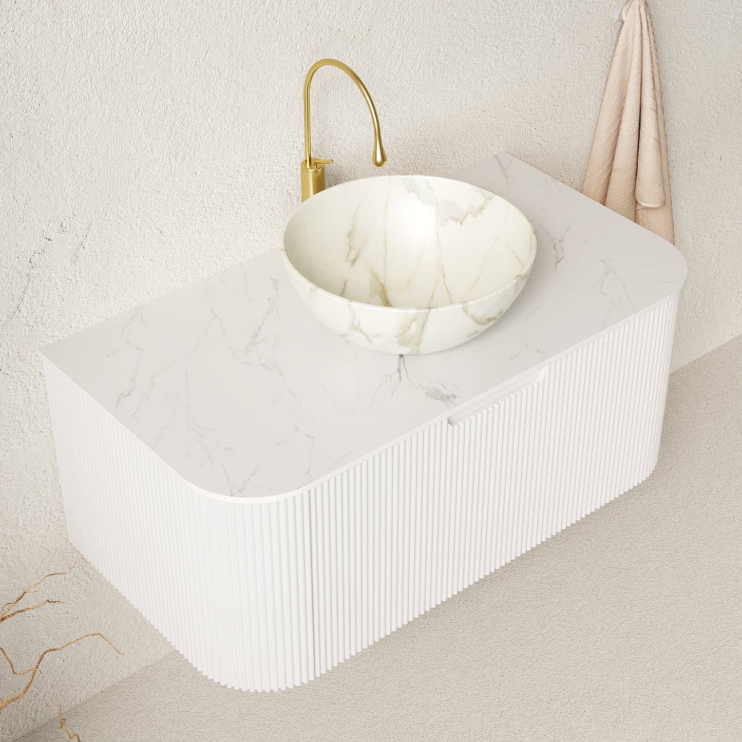 DINA 24" Bathroom Vanity&Sink, Floating Curved Edges Striped Storage Cabinet with Drawer, Matte Stone White Bowl Ceramic Basin&Carrara White Sintered Stone Top, Pre-assembled, White Color