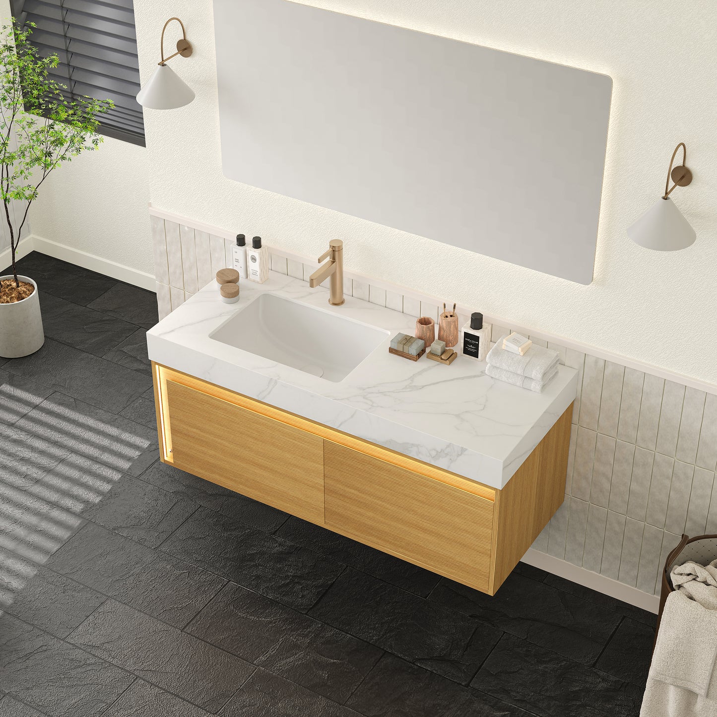 NYAH 60'' Bathroom Vanity&Sinks, Floating Ultra-Slim Grille Plywood Storage Cabinet, Carrara White