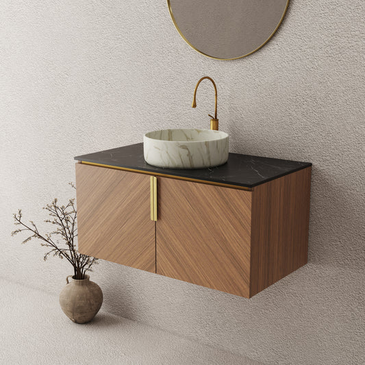 ARAI 36" Bathroom Vanity&Sink, Wall-Mounted Plywood Bathroom Storage Cabinet with Double Doors, Black Sintered Stone Countertop&White Round Ceramic Basin with Stone Pattern, Brown Oak Woodgrain Color