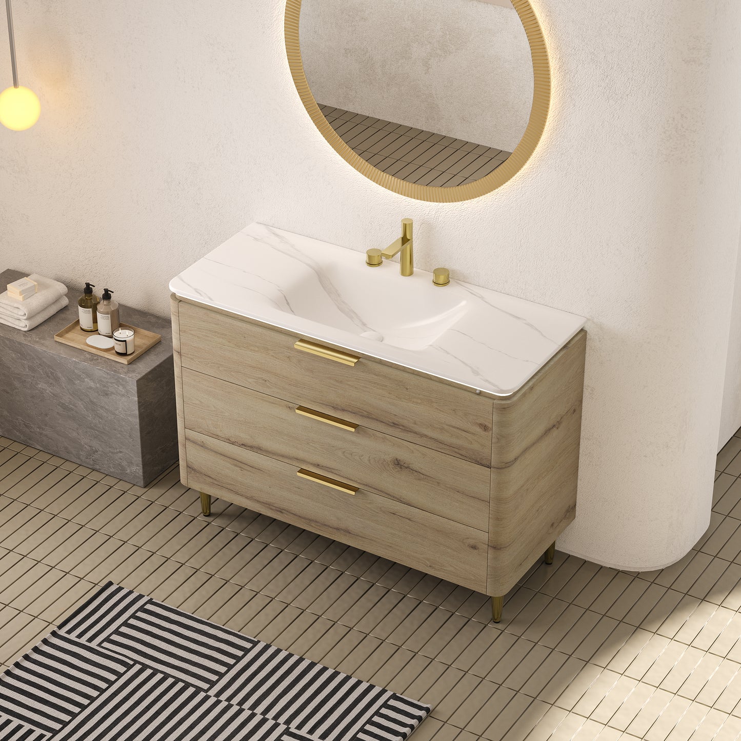 AMARA 36'' Bathroom Vanity with Sink, Freestanding Curved Edges Plywood Bathroom Storage Cabinet with 3 Drawers, Carrara White Sintered Stone Integrated Basin,