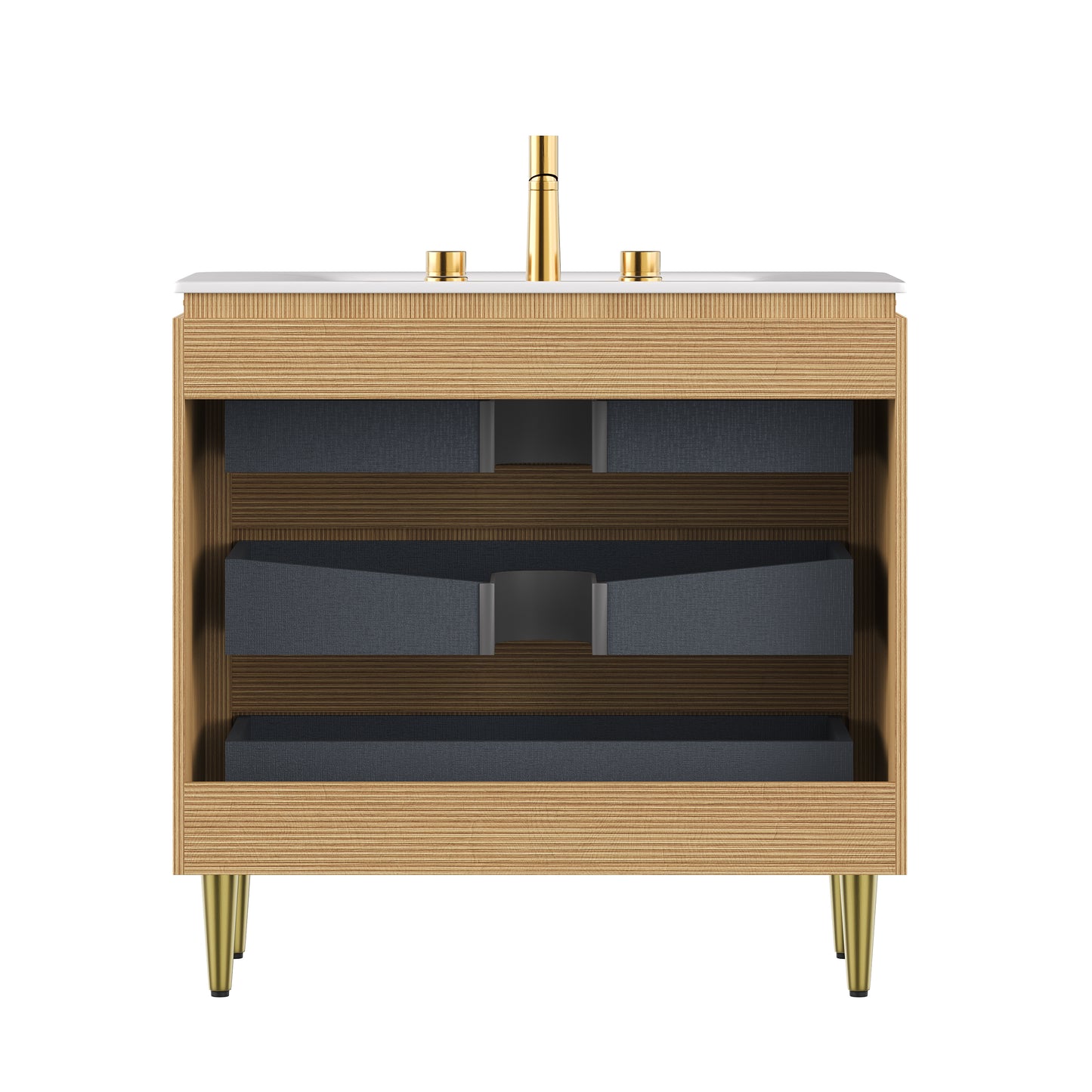 AMARA 36'' Bathroom Vanity&Sink, Freestanding Curved Edges Ultra-Slim Grille Plywood Storage Cabinet, 3 Drawers, Carrara White Sintered Stone Integrated Basin