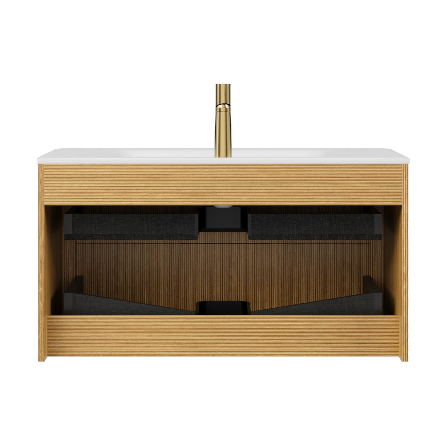 ZANE 36" Badezimmer-Waschtisch mit Waschbecken, schwebender Aufbewahrungsschrank aus Sperrholz mit ultra-Nadelstreifen und Schubladen, helle natürliche Holzmaserung