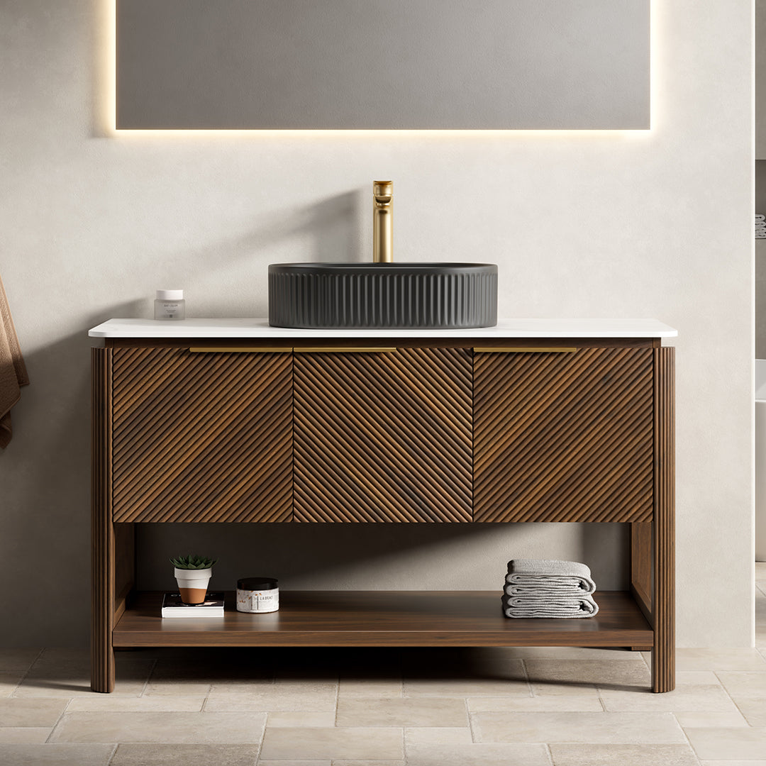 INDIGO 36" Bathroom Vanity&Sink, Freestanding Plywood Storage Cabinet with 2 Diagonal Striped Doors&Open Shelf, Black Striped Oval Ceramic Basin&Carrara White Sintered Stone Top, Dark Walnut Woodgrain