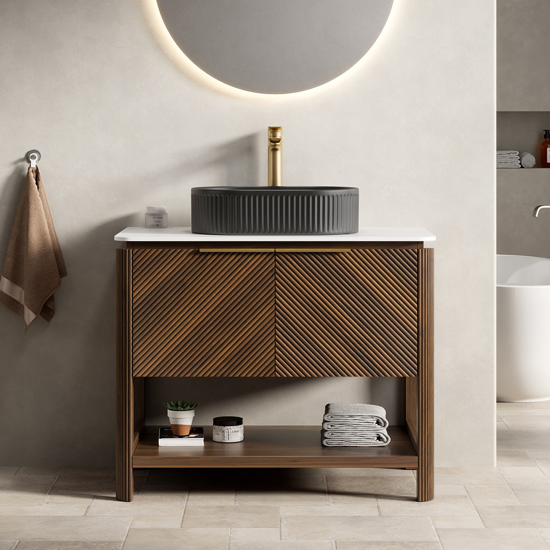 INDIGO 36" Bathroom Vanity&Sink, Freestanding Plywood Storage Cabinet with 2 Diagonal Striped Doors&Open Shelf, Black Striped Oval Ceramic Basin&Carrara White Sintered Stone Top, Dark Walnut Woodgrain